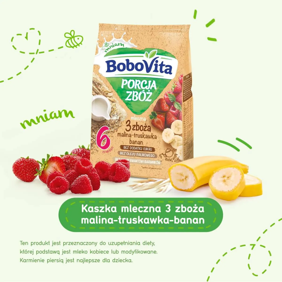 Bobovita košės pieno dribsniai (3 porcijos), aviečių, braškių ir bananų skonio