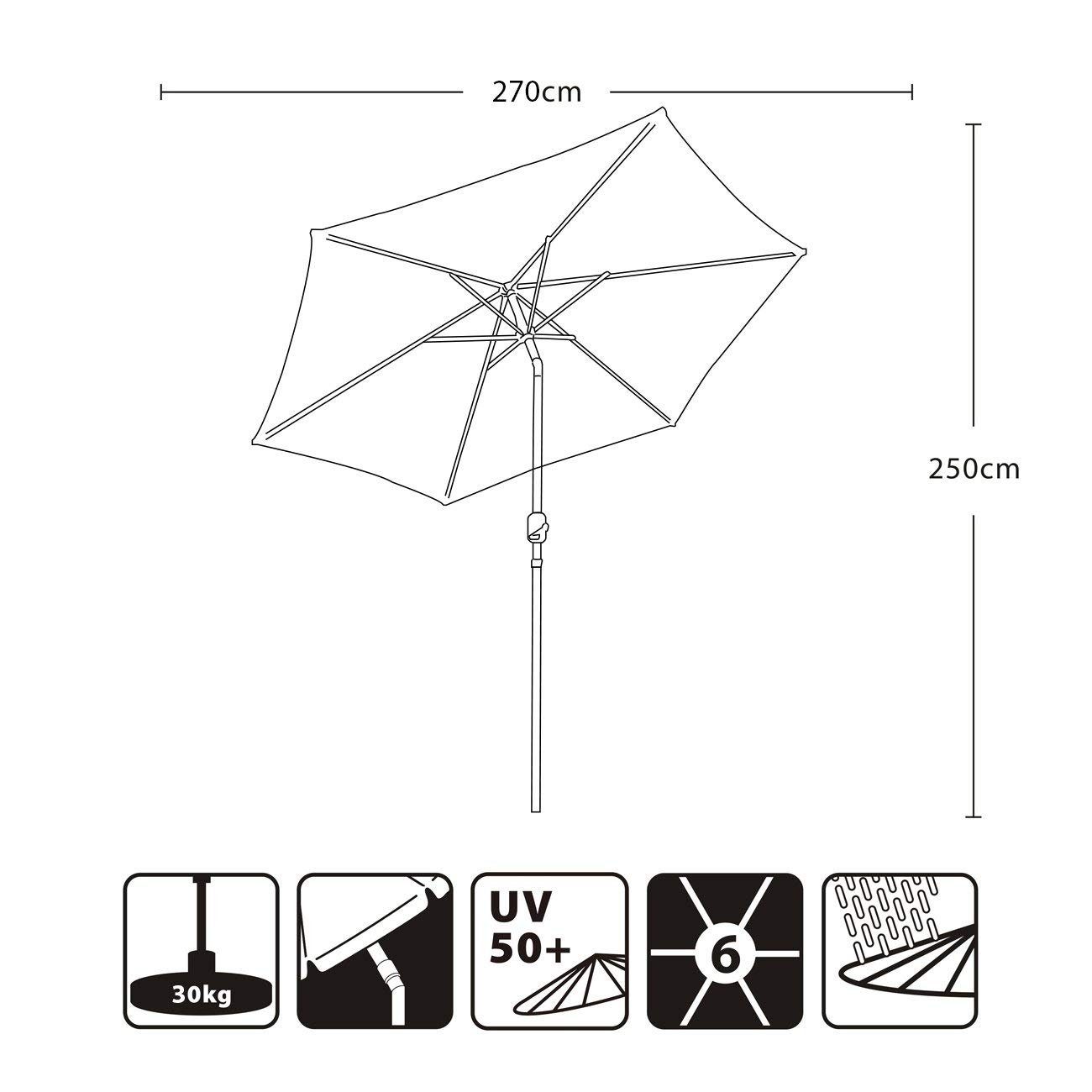 Sekey Sonnenschirm 270 cm Aluminium Sonnenschirm Kurbel mit Holzmaserung