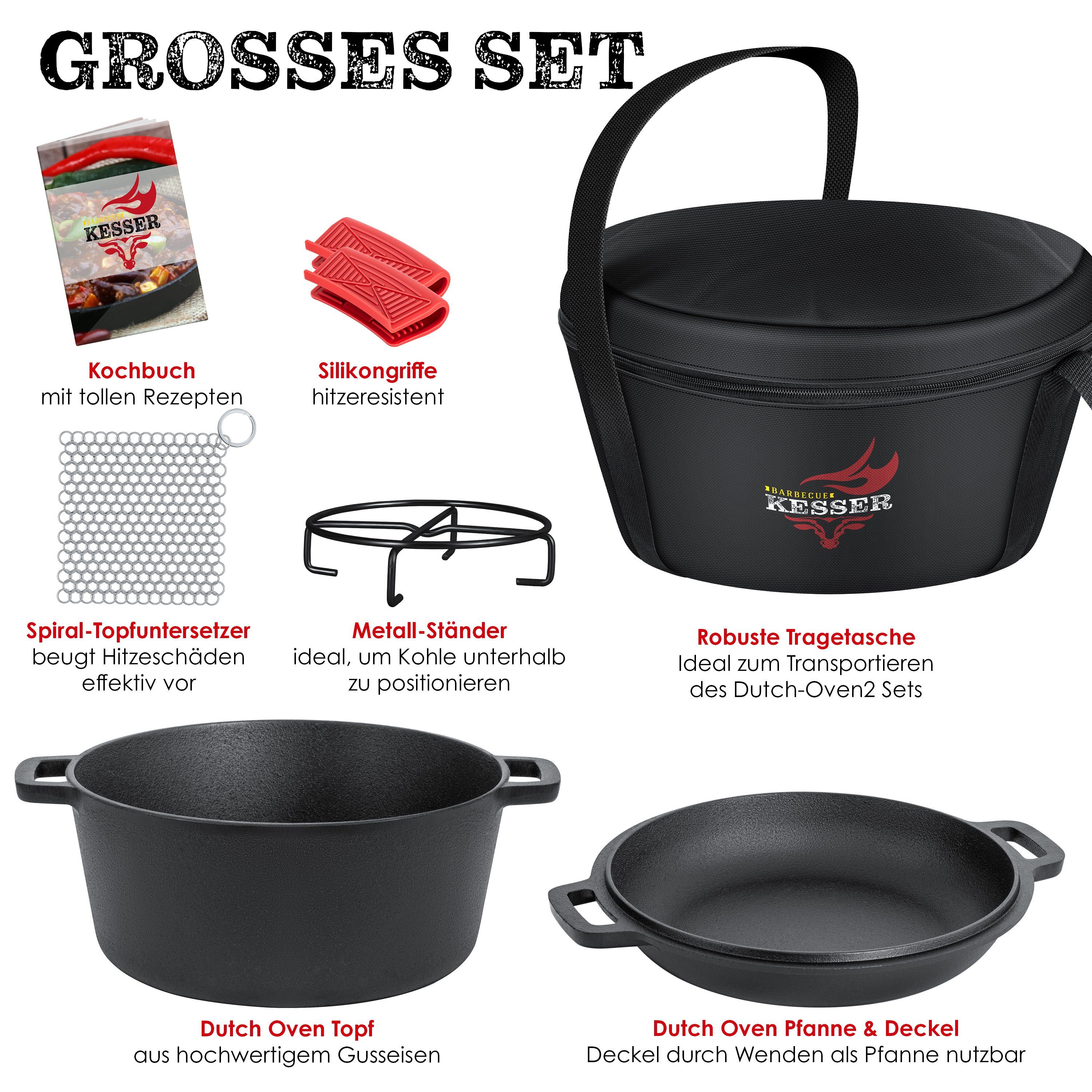 KESSER Feuertopf, Gußeisen, Dutch Oven 2in1 Gusseisen Topf 4,8L und Pfanne 1,8L