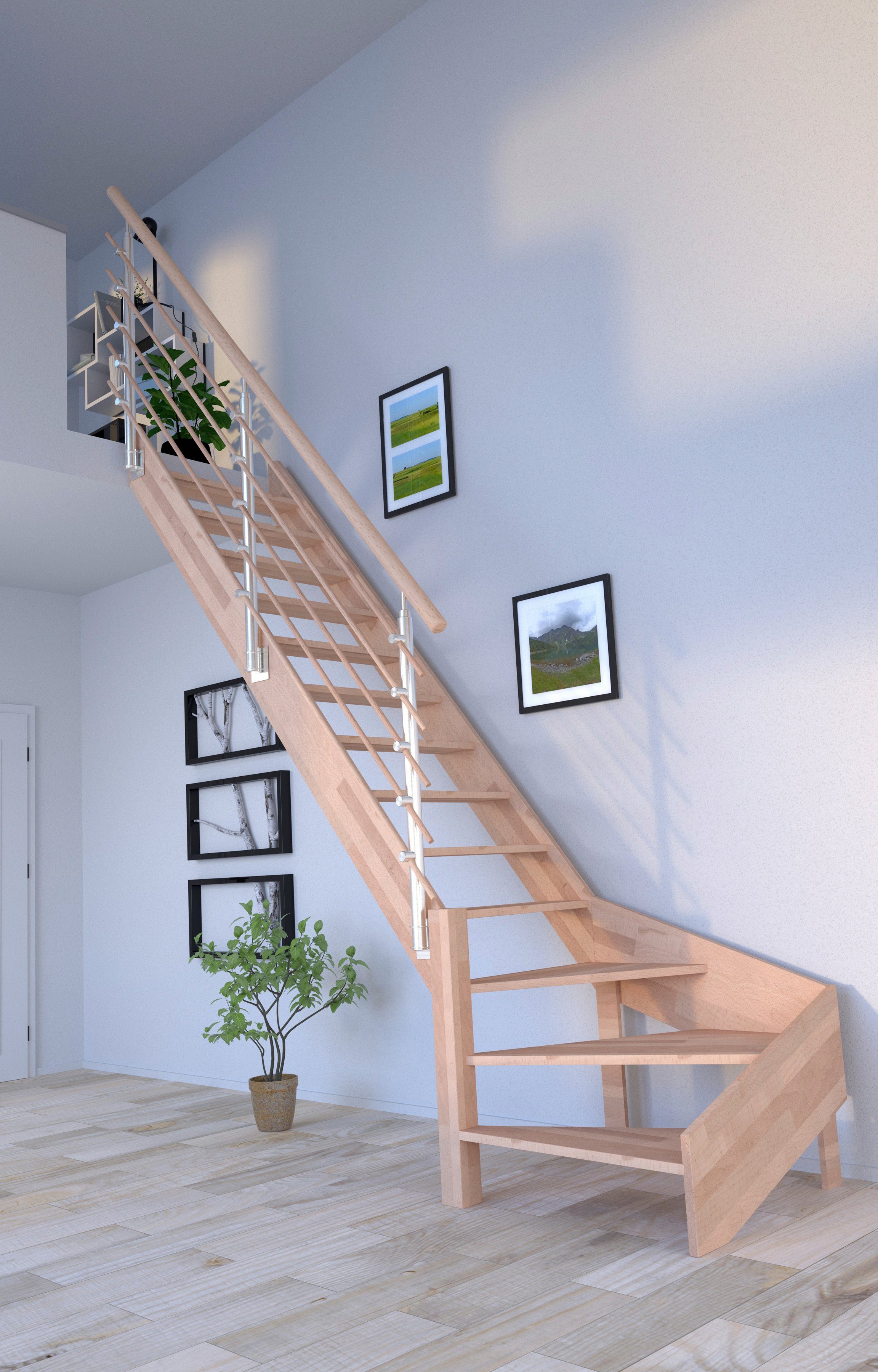 Starwood Raumspartreppe Massivholz Rhodos, Design-Geländer Holzrundstäbe, für Geschosshöhen bis 300 cm, Stufen offen, gewendelt Links, Durchgehende Wangenteile