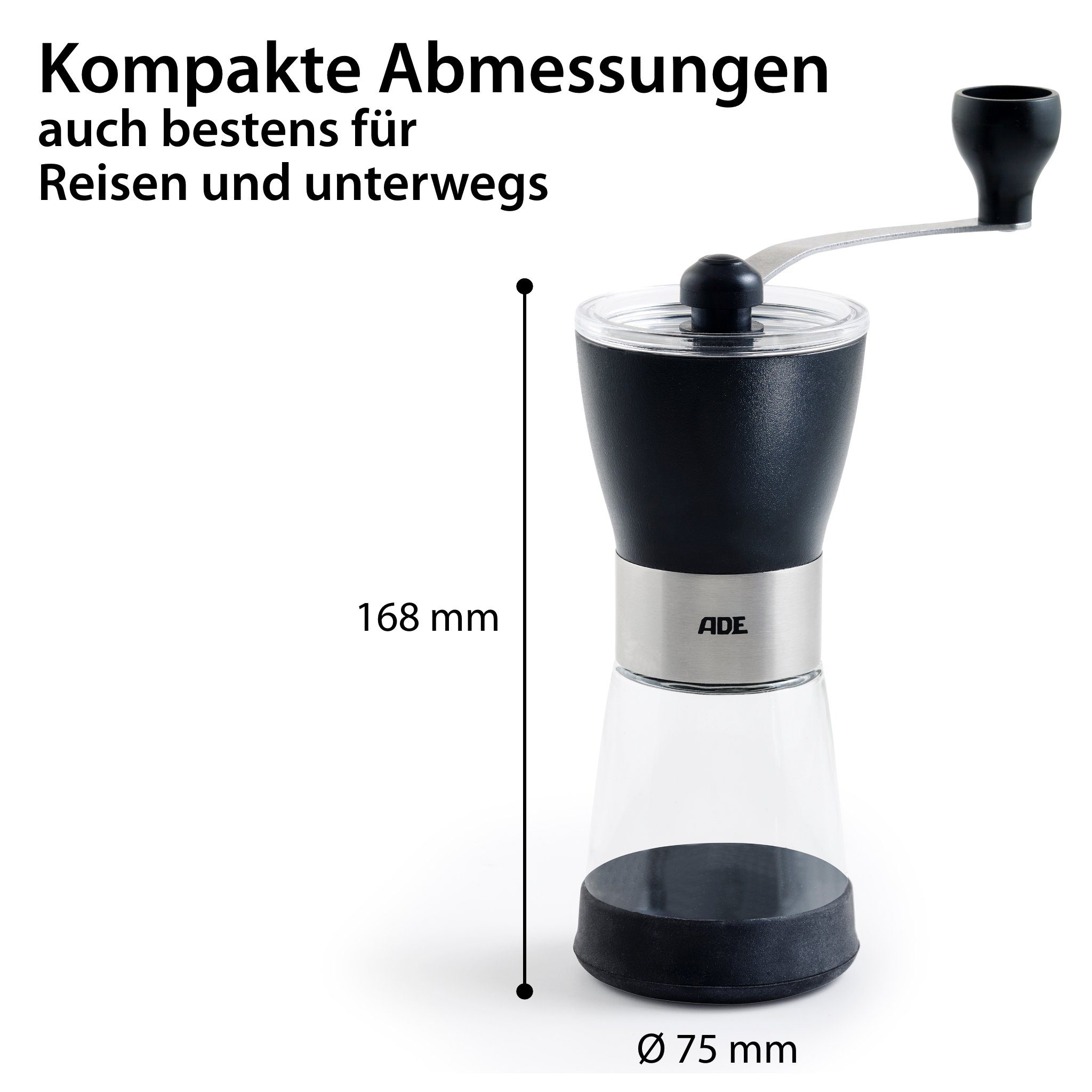 ADE Kaffeemühle manuell mit Aromabehälter aus Glas, Kegelmahlwerk, 65,00 g Bohnenbehälter, stufenloser Mahlgrad für French Press, Siebträger und Filterkaffee