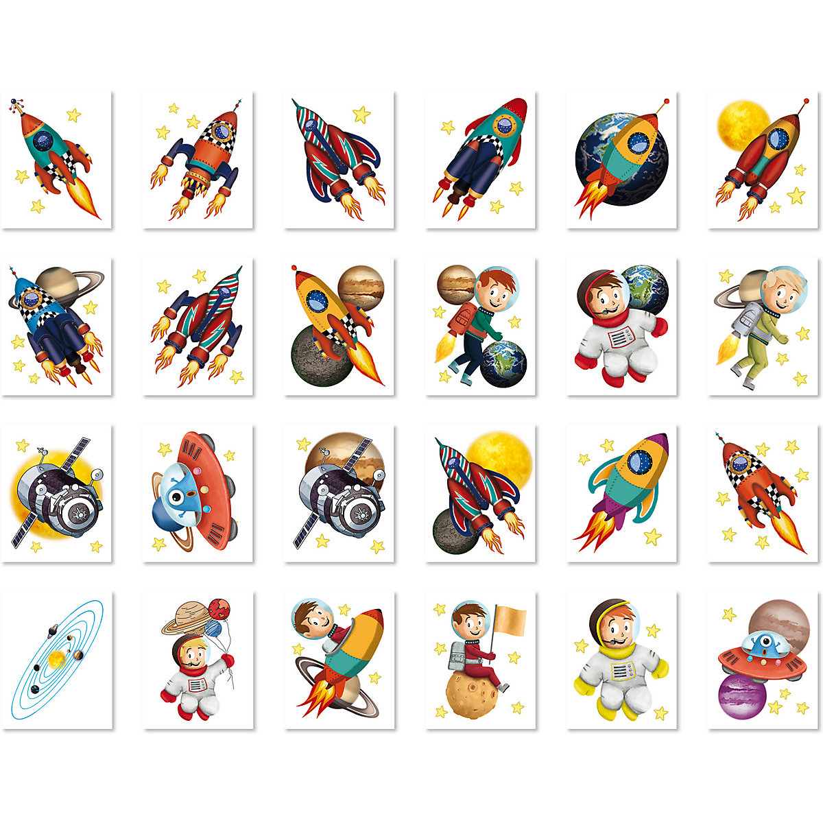 Mini-Tattoos Rakete & Planeten, 24 Stück