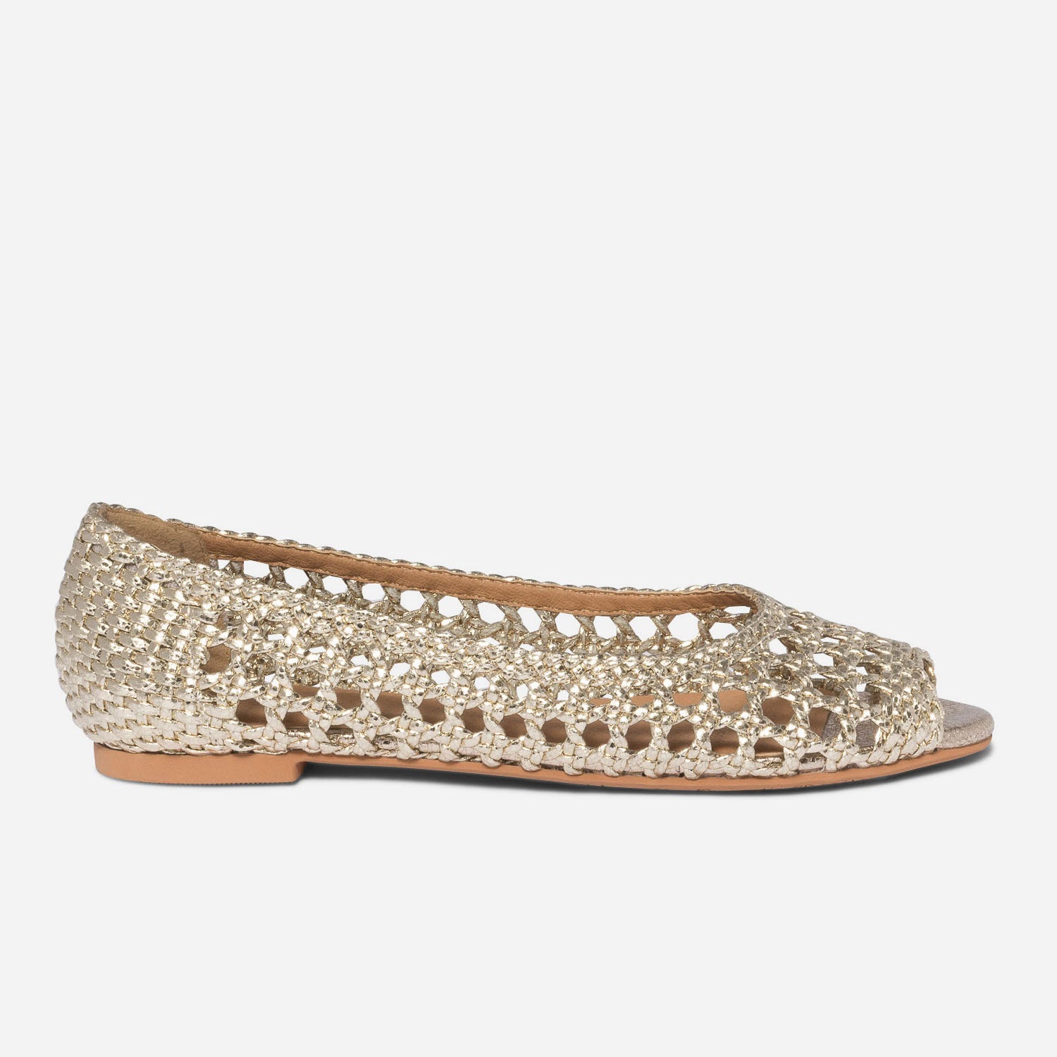 Ballerine open-toe dorée tressée esprit cannage