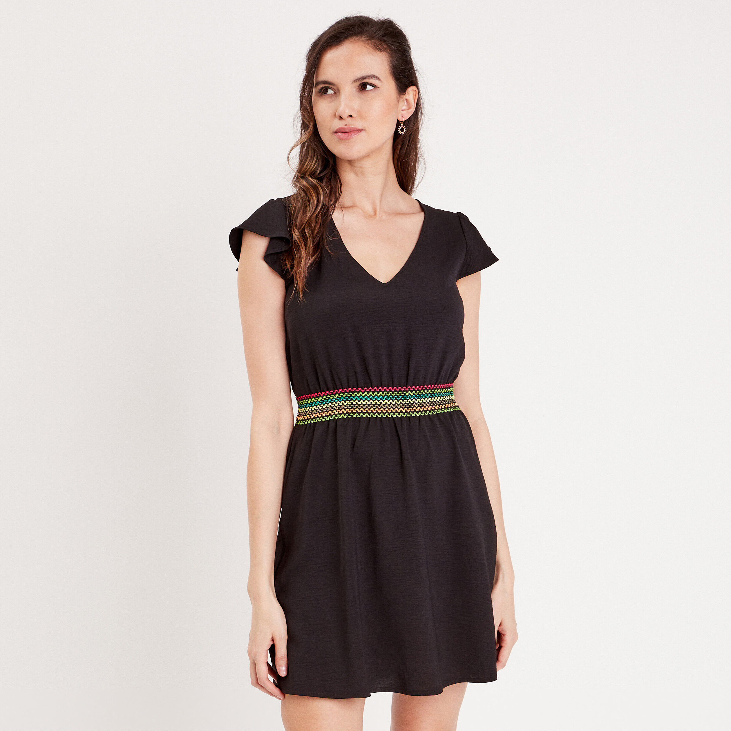 Robe évasée manches courtes noir femme | Cache Cache