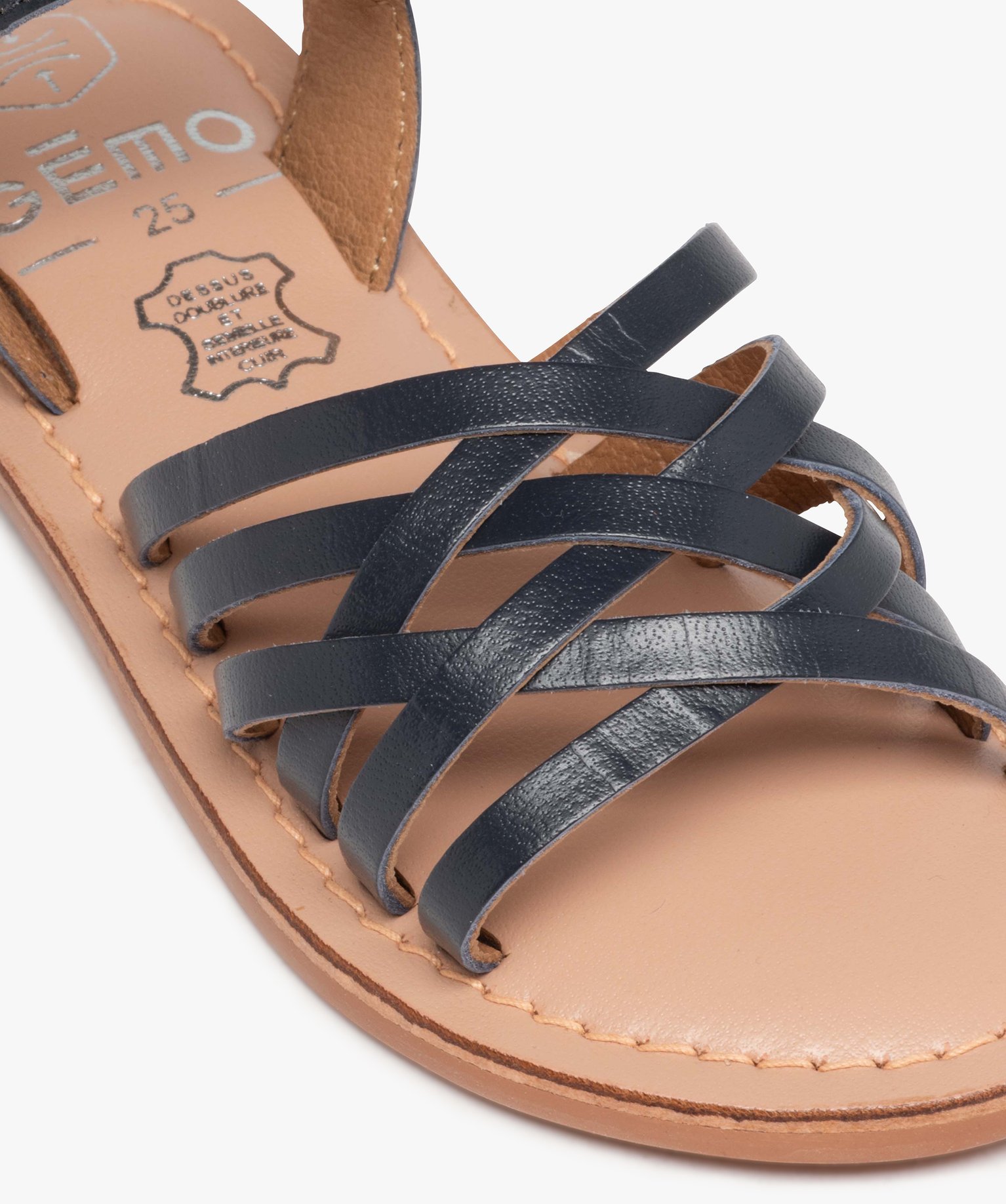 Sandales fille unies à fines brides entrelacées en cuir marine | GEMO