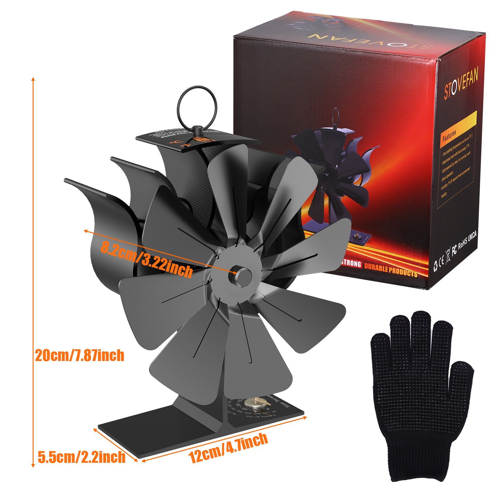 BlingBin Kaminventilator Kaminofen Ventilator 8 Flügel Stromloser Gebläse Ofenventilator, Holzofenventilator für Holz/Holzofen