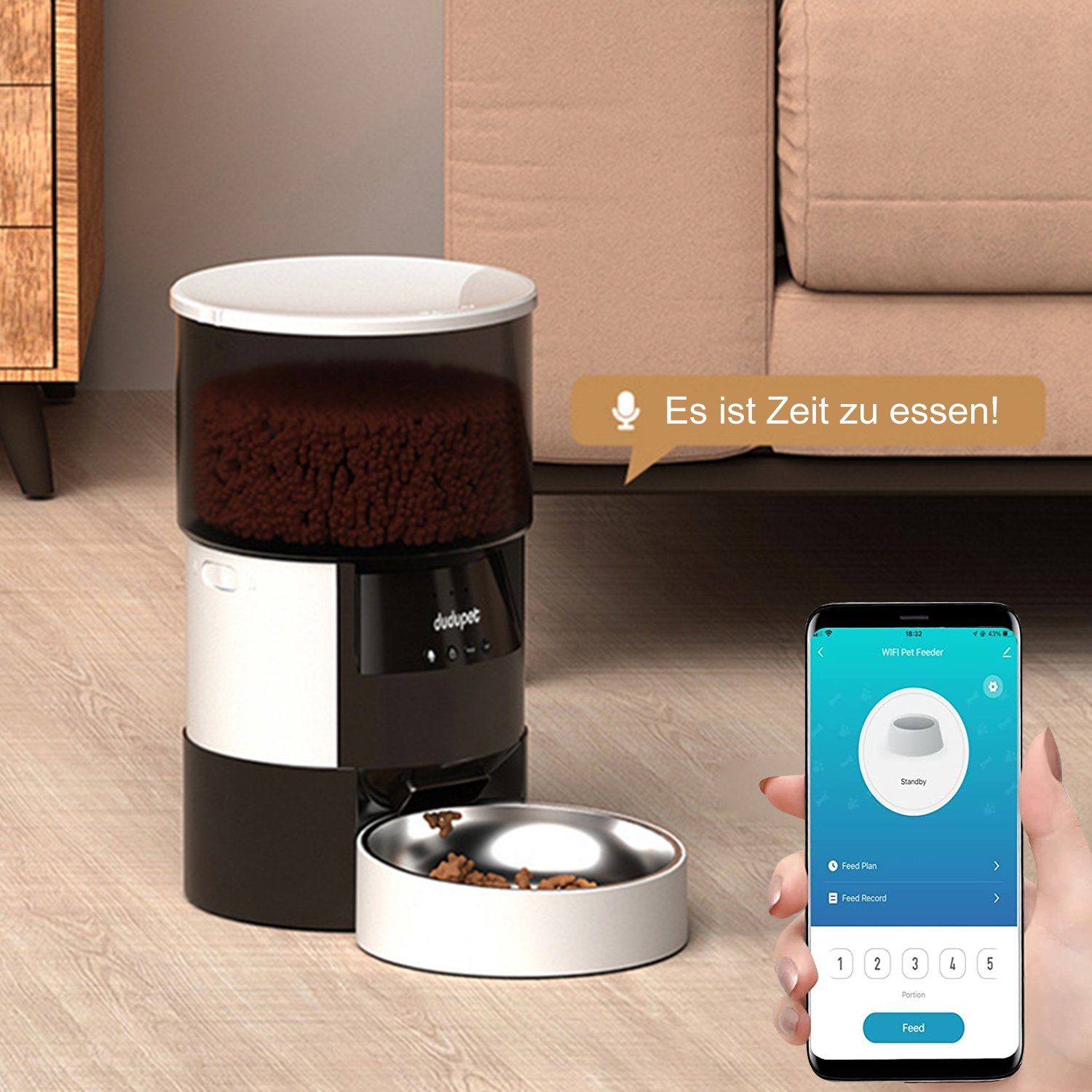 Kpaloft Katzen-Futterautomat WLAN APP-Steuerung Automatischer Futterspender Katzenfutter mit Timer, 10s Aufnahmefunktion, Anti-Clog Design & Duale Stromversorgung