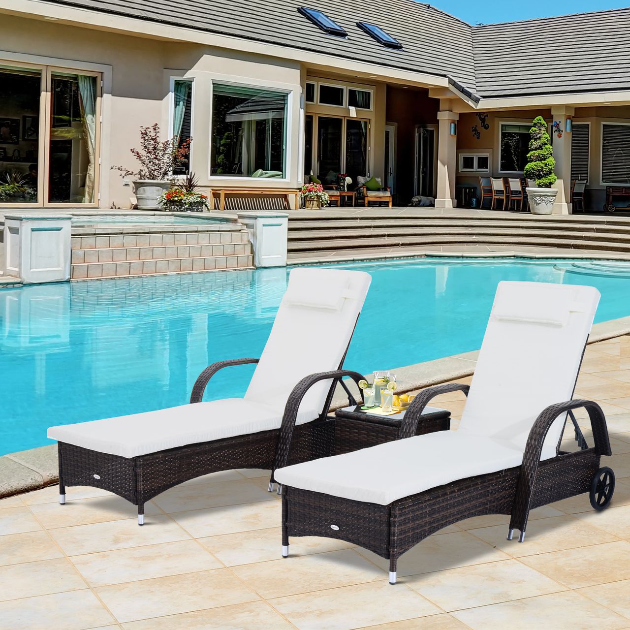 Outsunny Sonnenliege Gartenliege Tisch 3er-Set Gartenmöbel Braun/Cremeweiß