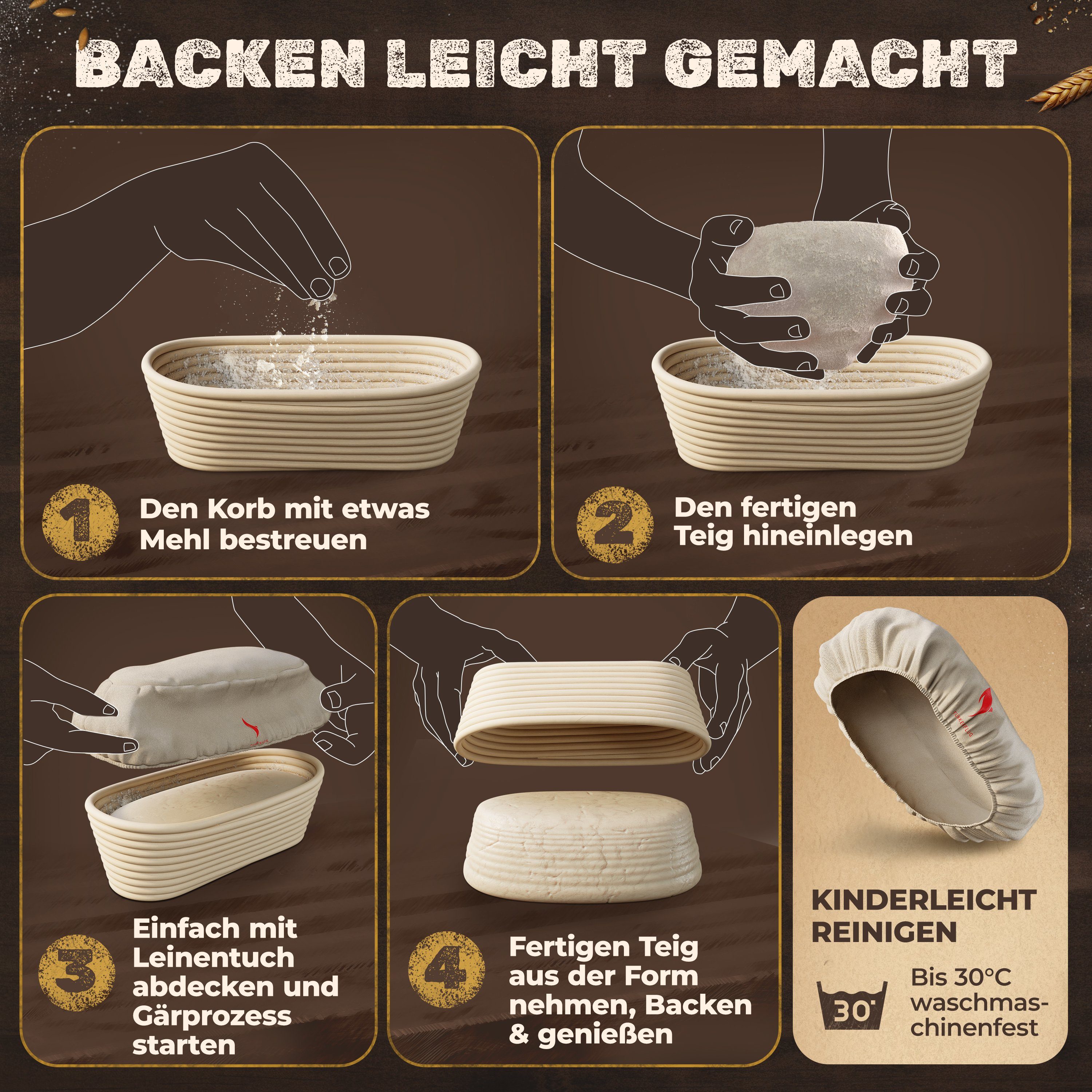 Funkenflug Gärkorb Funkenflug® Premium Gärkorb - zum Brot backen, (Funkenflug Gärkorb Set 3-tlg), 100% natürliches Rattan