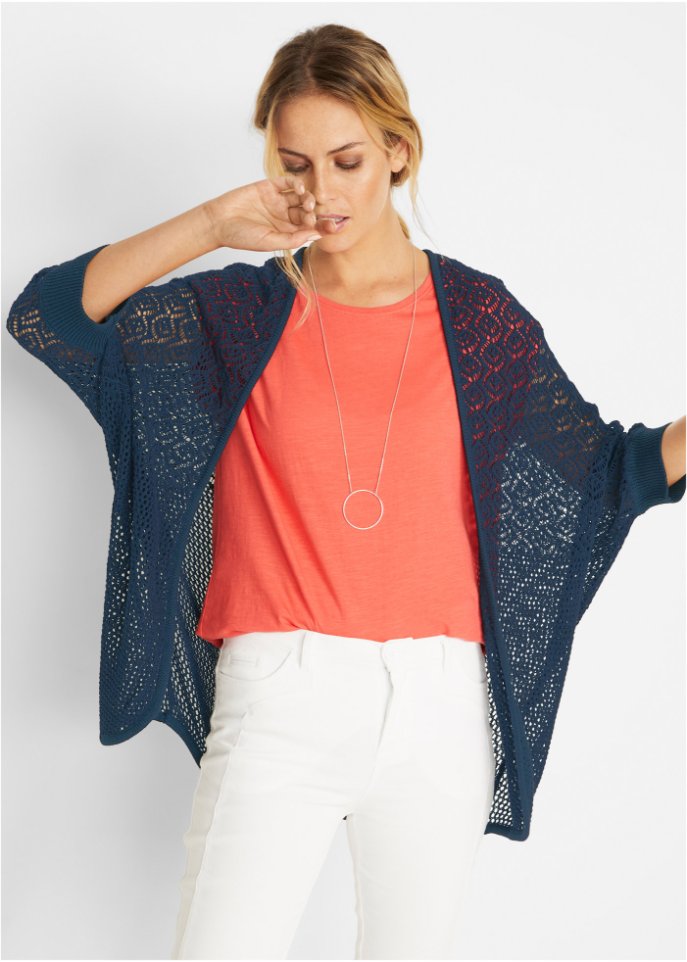 Strickjacke mit Muster und Fledermausärmeln, 3/4 Arm