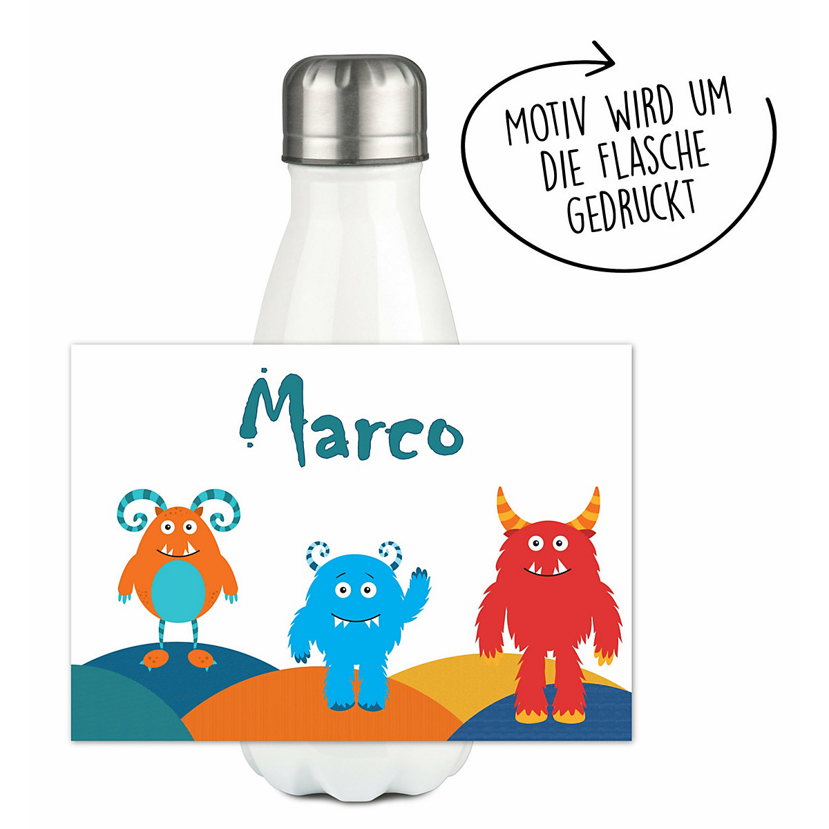 Edelstahl Kinder Thermoflasche / Trinkflasche bunt Monsterhügel Spülmaschinenfest, Auslaufsicher, Bruchfest, Doppelwandig, Für Heißgetränke geeignet, Mit Deckel, Isoliert