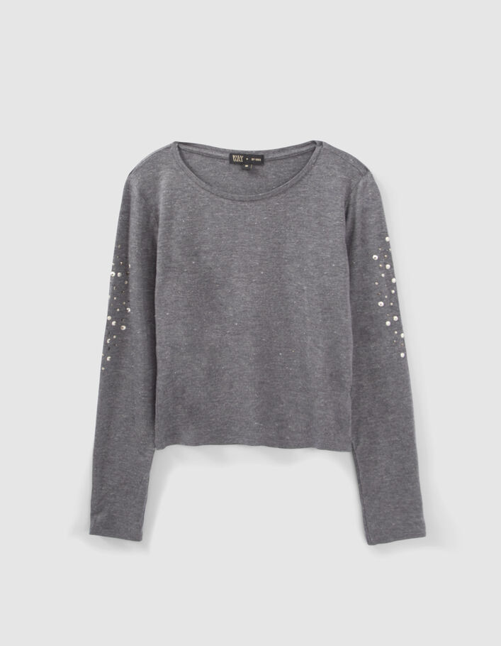 T-shirt gris lurex décor bijoux aux manches fille