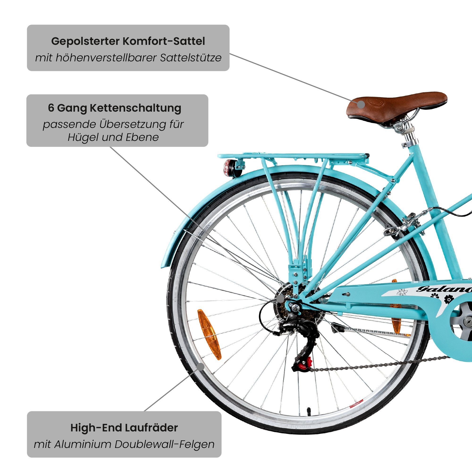 Galano Cityrad Florenz, 6 Gang, Kettenschaltung, Galano Florenz 28 Zoll 155-185cm Cityrad 6 Gänge retro Fahrrad V-Brake