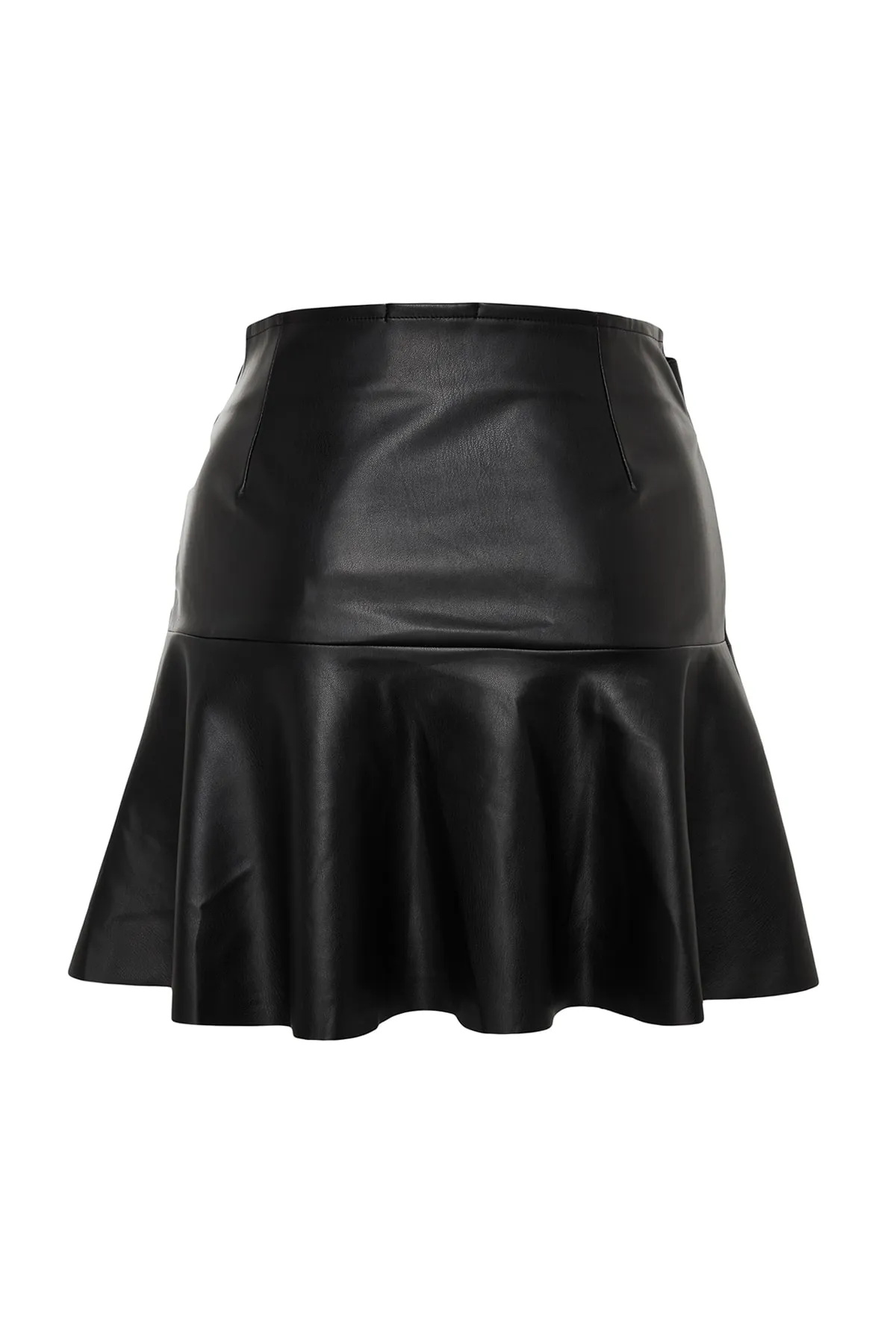 Trendyol Collection  Schwarzer Kunstlederrock mit Rüschenschnürdetail Mini-Webrock TWOAW24ET00139