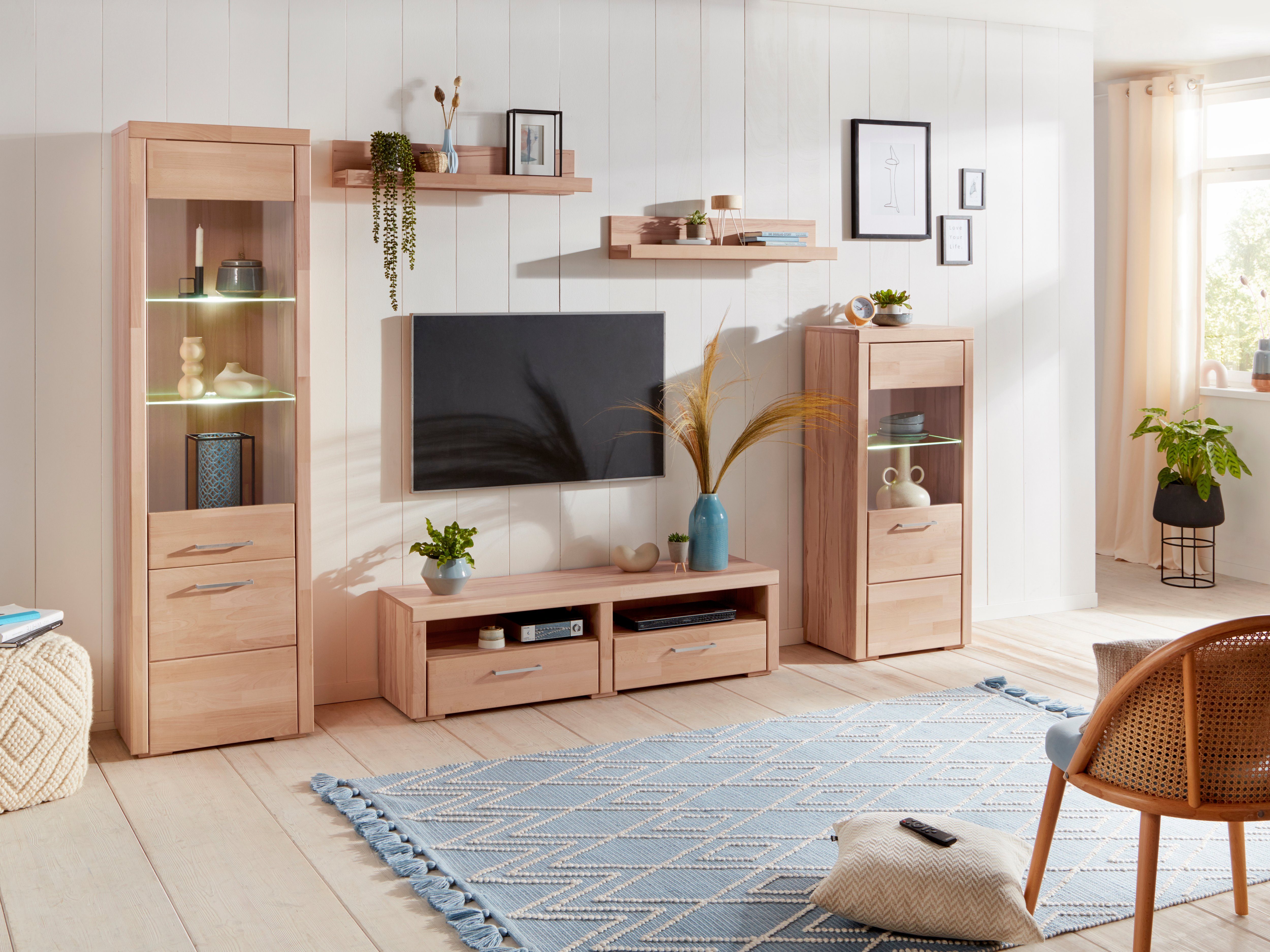 Woltra Wohnwand Falco, (Set, 4-St., 5), Fronten aus Massivholz
