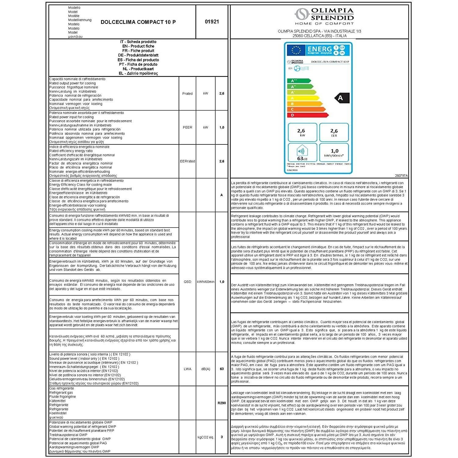 OLIMPIA SPLENDID Klimagerät DOLCECLIMA COMPACT 10 P Klimagerät Kühlen, Entfeuchten, Ventilieren, BLUE AIR-TECHNOLOGIE, minimale Geräuschentwicklung, tragbar