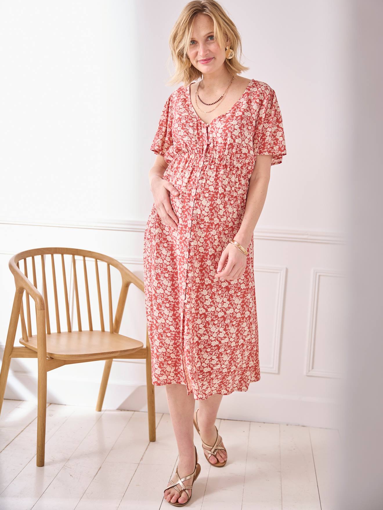 Vertbaudet Maxikleid mit Knopfleiste, Schwangerschaft & Stillzeit - terrakotta farbe