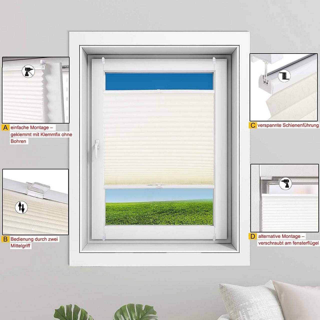 Plissee, Woltu, halbtransparent, Klemmfix, Klemmfix, Jalousie Faltrollo Blickdicht