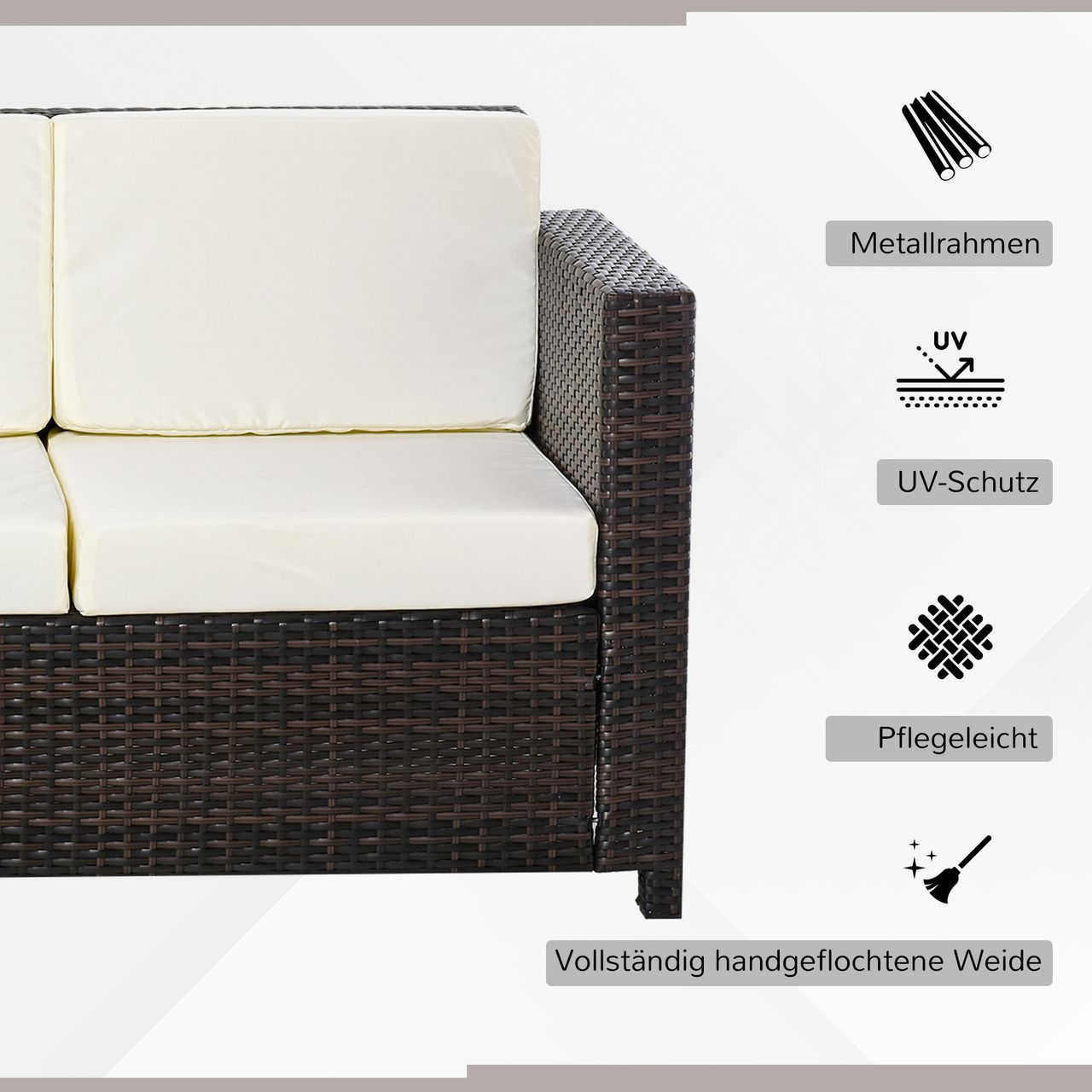 Outsunny Poly-Rattan Sofa mit Kissen 3-Sitzer Garten Loungesofa Polyester Braun