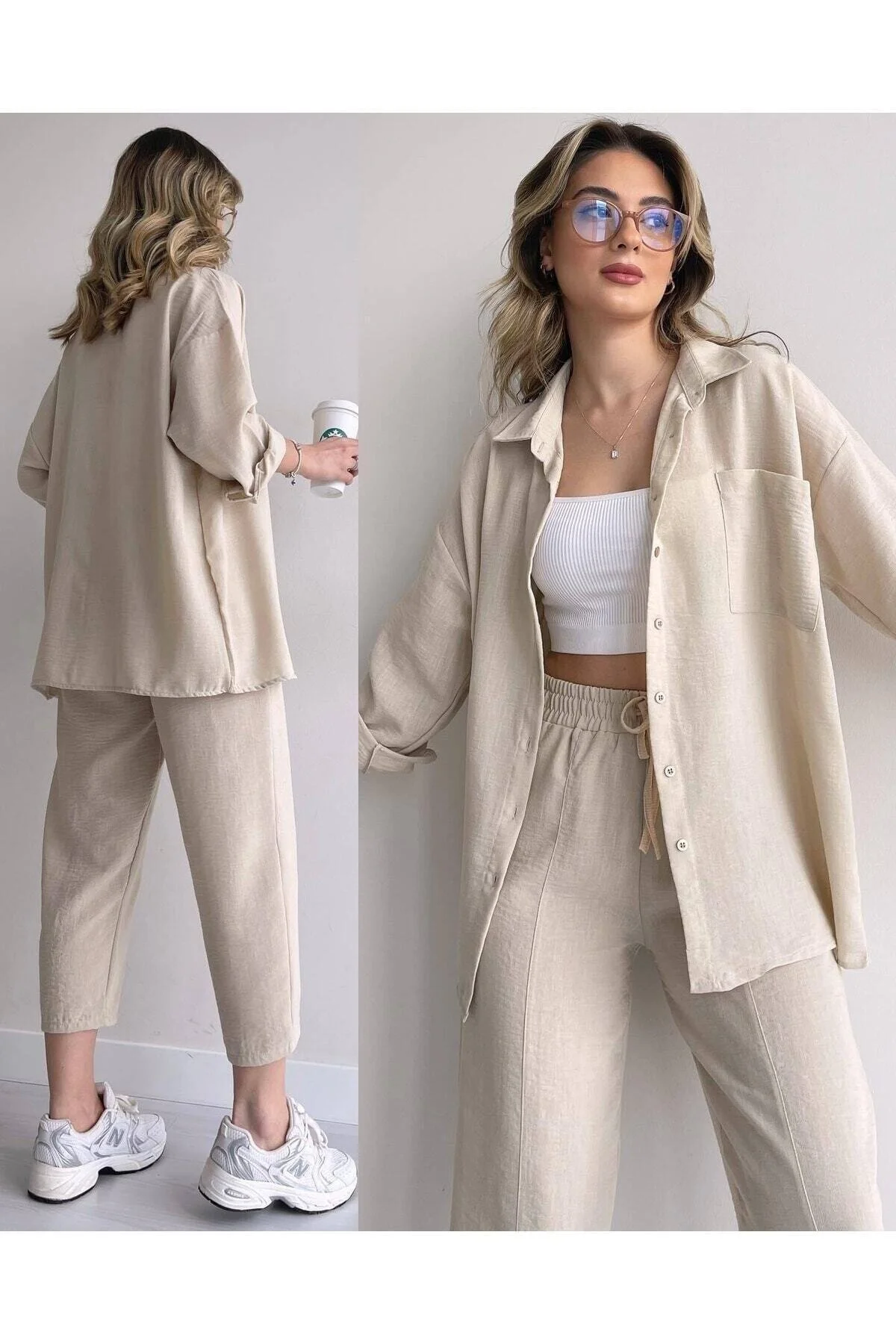 ZF BUTİK  Damen-Set aus beigem Doppelleinenhemd, Oberteil und Unterteil mit Hose