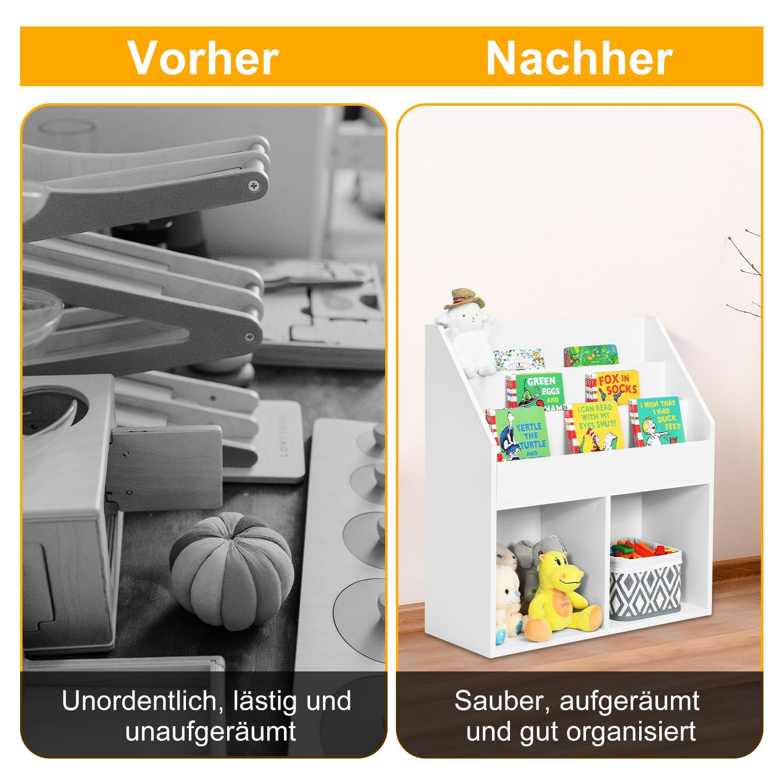 COSTWAY Bücherregal, Kinder, mit Fächern & 2 Ablagen, Holz, 70 x 30 x 80 cm