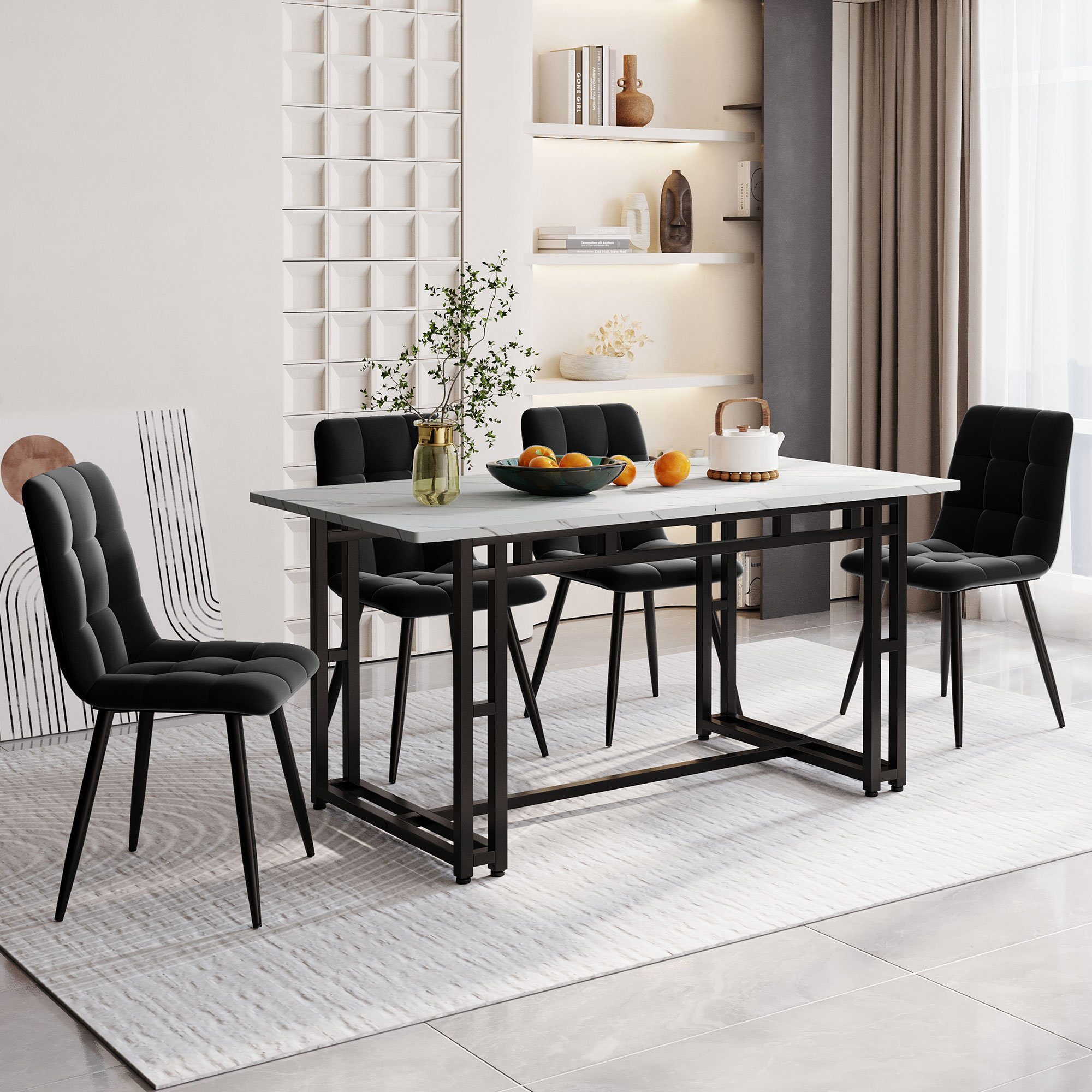Flieks Essgruppe, (5-tlg), Esstisch mit 4 Stühlen Set Esszimmer Sitzgruppe, Metallbeine