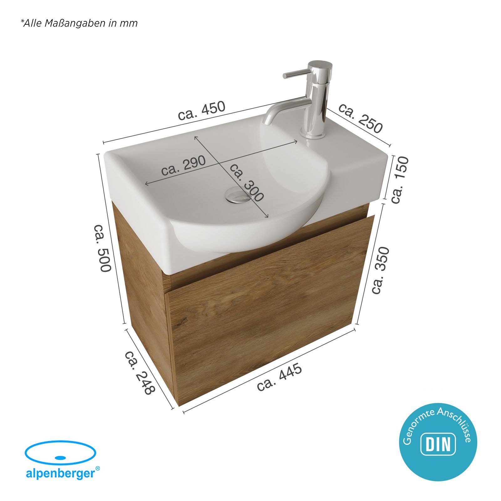 Alpenberger Badmöbel-Set - Gäste WC Waschbecken mit Unterschrank 45 cm Breit, (Badschrank 2-tlg., Waschtisch hängend), Waschbeckenunterschrank mit Softclose - Farbe Eiche - Links Becken