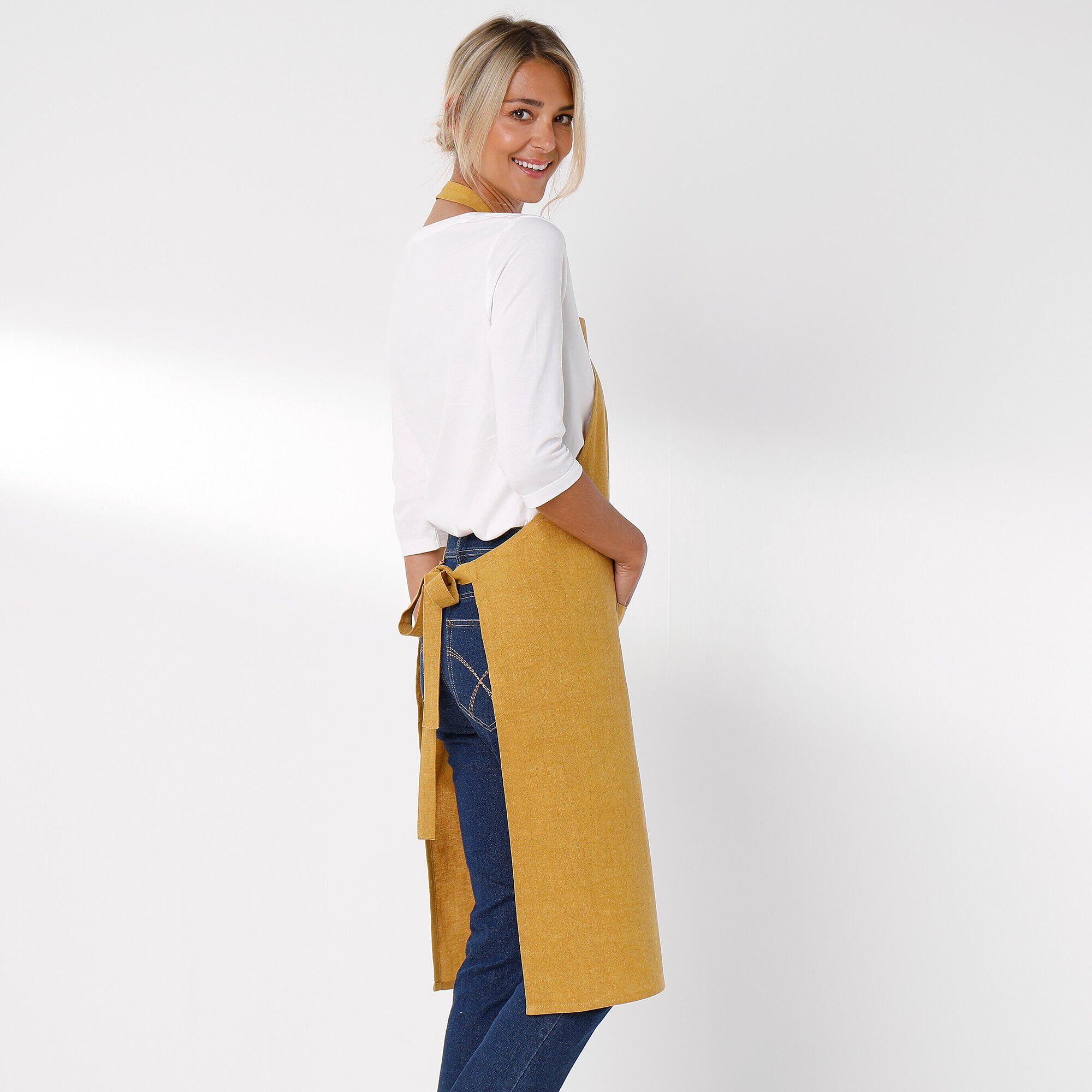 Tablier bavette coton et lin uni personnalisable