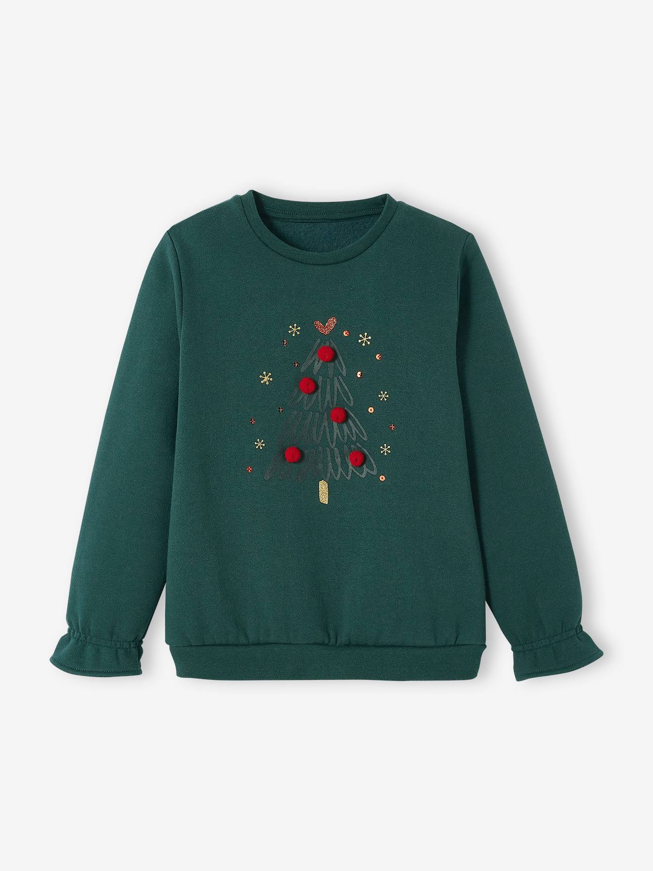 Sweat motif Noël fantaisie fille vert sapin