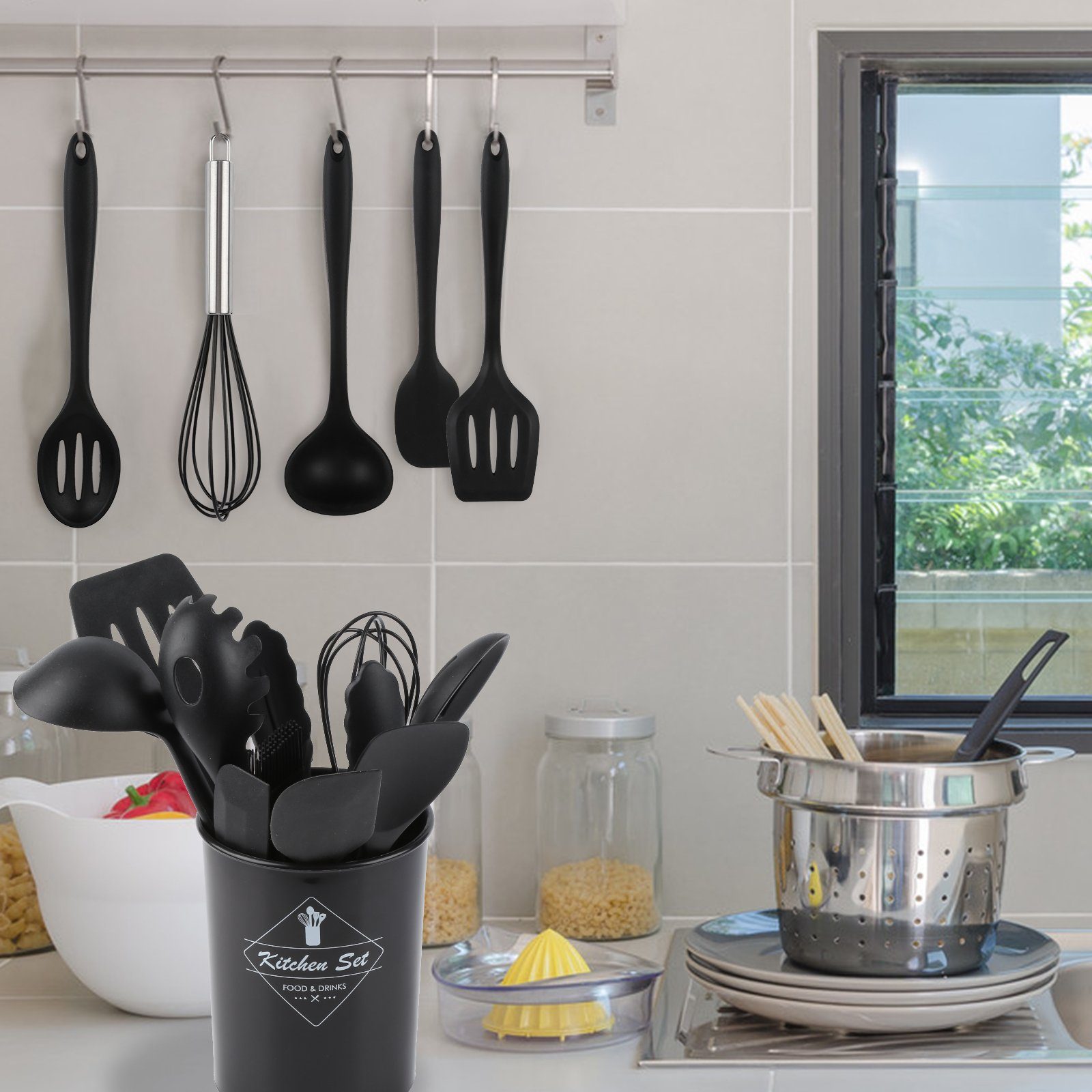 Gimisgu Kochbesteck-Set Zuhause hochwertigem Silikon Koch 12tlg Küche Kochutensilien+Fass (12-tlg), Hitze- und brühfest, antihaftbeschichtet und leicht zu reinigen