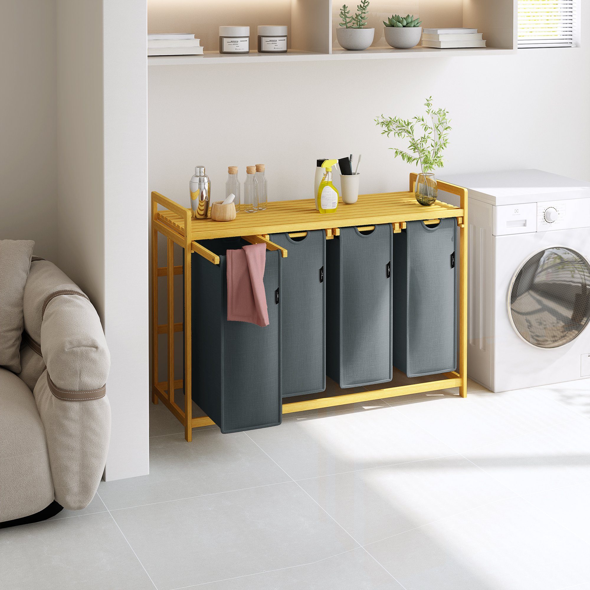 AdelDream Wäschekorb mit Bambusrahmen,200 l, 4 Fächer,Wäschesortierer