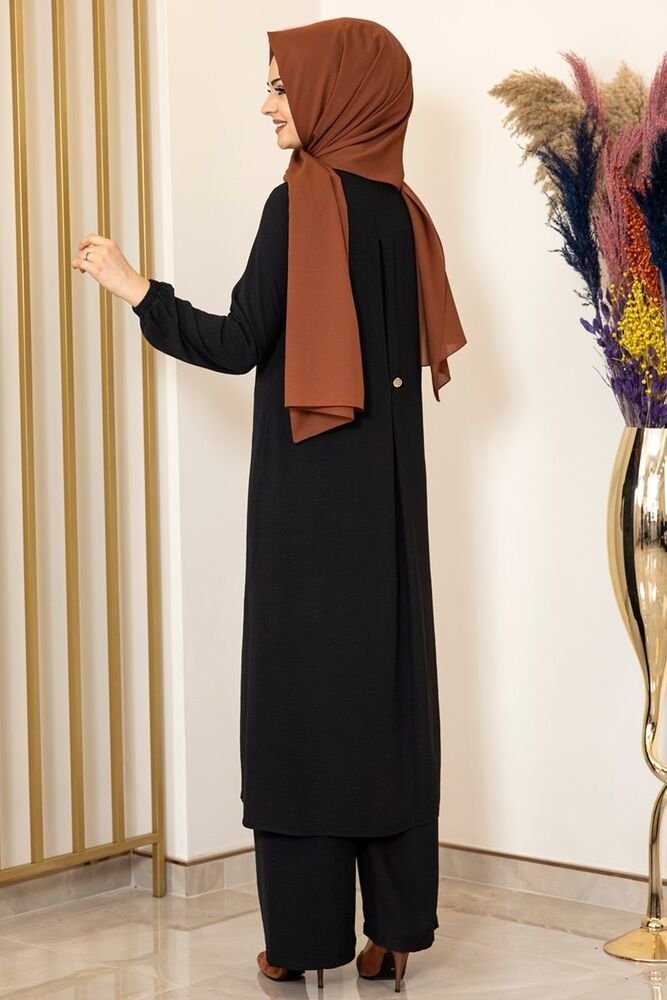 Modavitrini Longtunika Damen Anzug Zweiteiler Lange Tunika mit Hose Hijab Kleidung Knöpfe, Aerobin Stoff