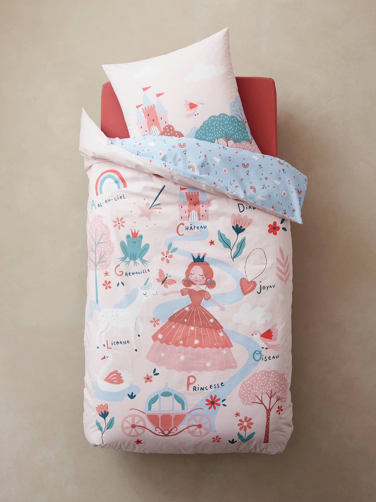Parure housse de couette + taie d'oreiller enfant ABC PRINCESSE mauve
