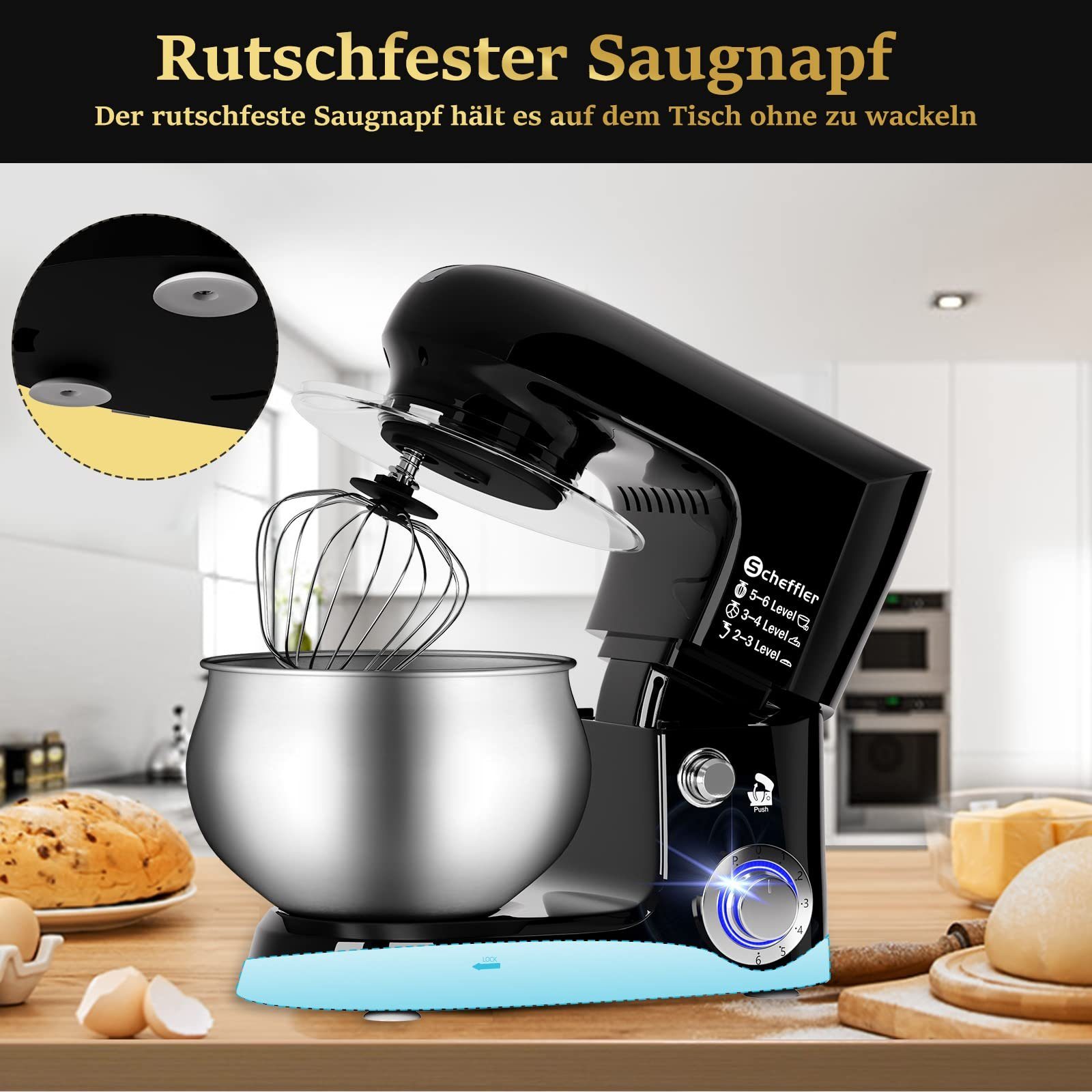 Scheffler Küchenmaschine 5L Edelstahlschüssel Knetmaschine mit 6 Geschwindigkeitsstufen, 2000,00 W, 5,00 l Schüssel, Teigmaschine mit Rührbesen, Knethaken, Schläger und Spritzschutz