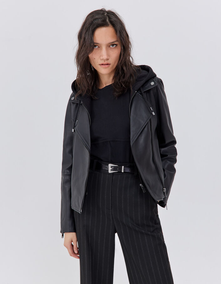 Veste en cuir noir esprit motard dos clouté Femme