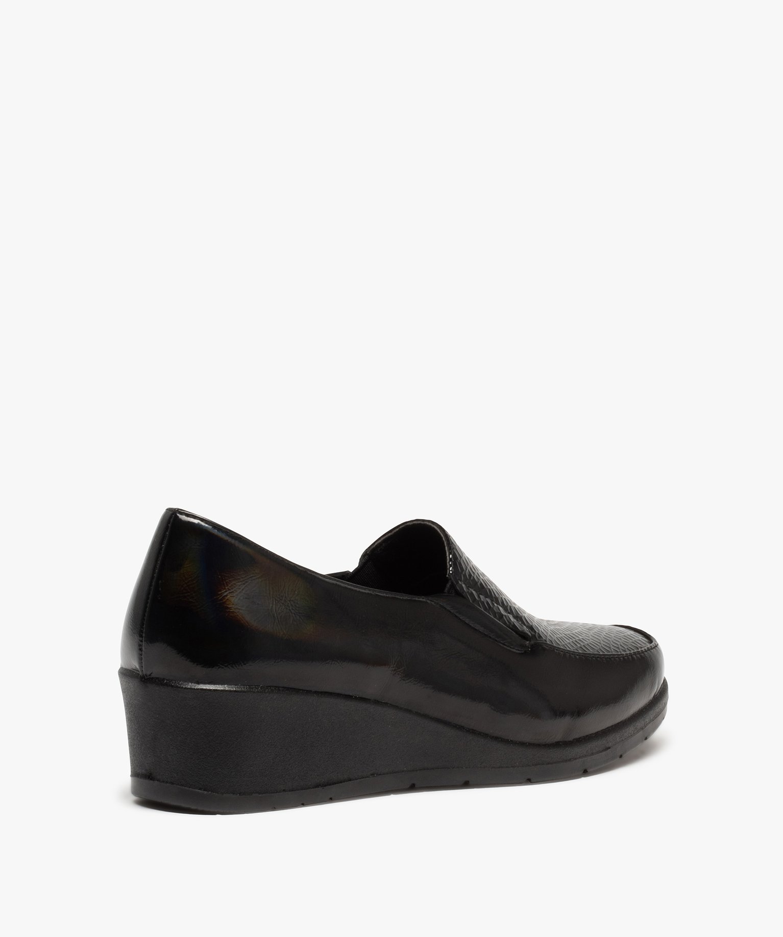 Mocassins femme confort et dessus vernis uni à talon compensé noir | GEMO