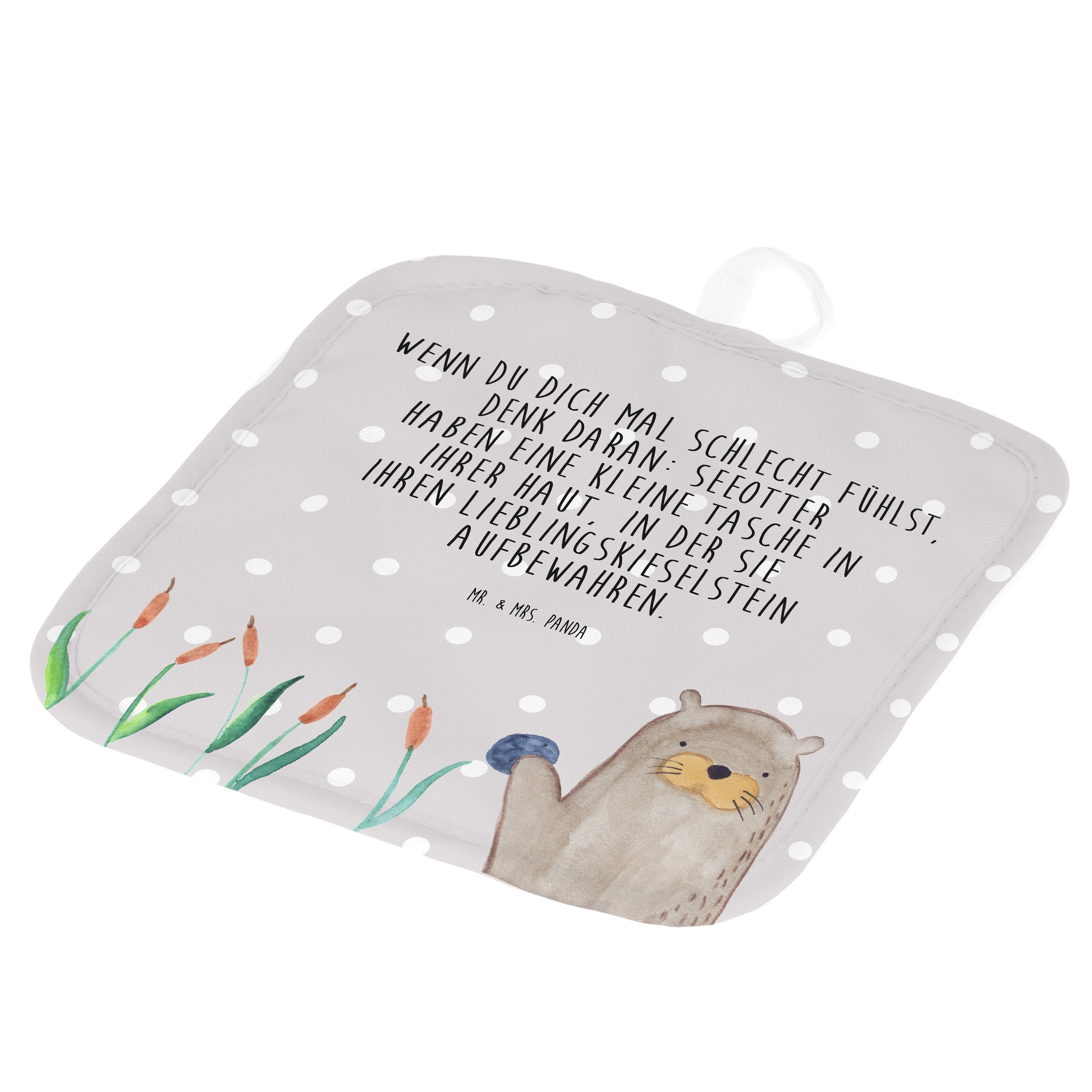 Mr. & Mrs. Panda Topflappen Otter mit Stein - Grau Pastell - Geschenk, Topflappen mit Spruch, Top, (1-tlg)