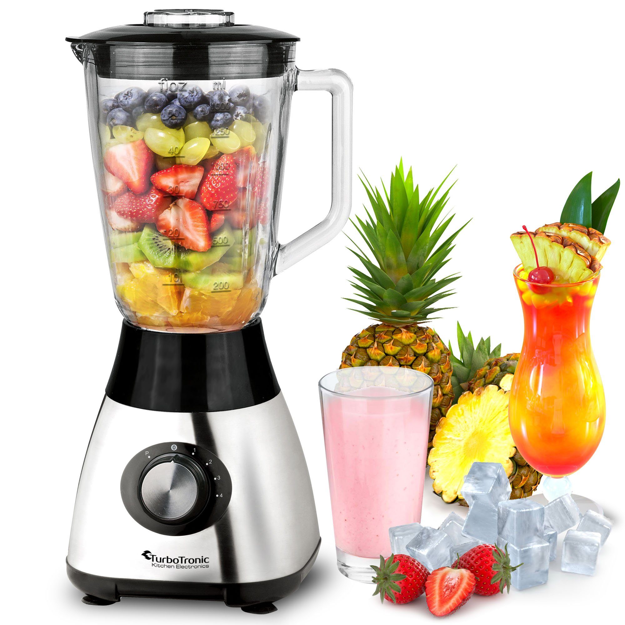 TurboTronic by Z-Line Standmixer BG5 - 1200 Watt mit 1,5L Glasbehälter, 1200 W, Edelstahl Glas Smoothie Mixer Maker Ice Crush Funktion Blender