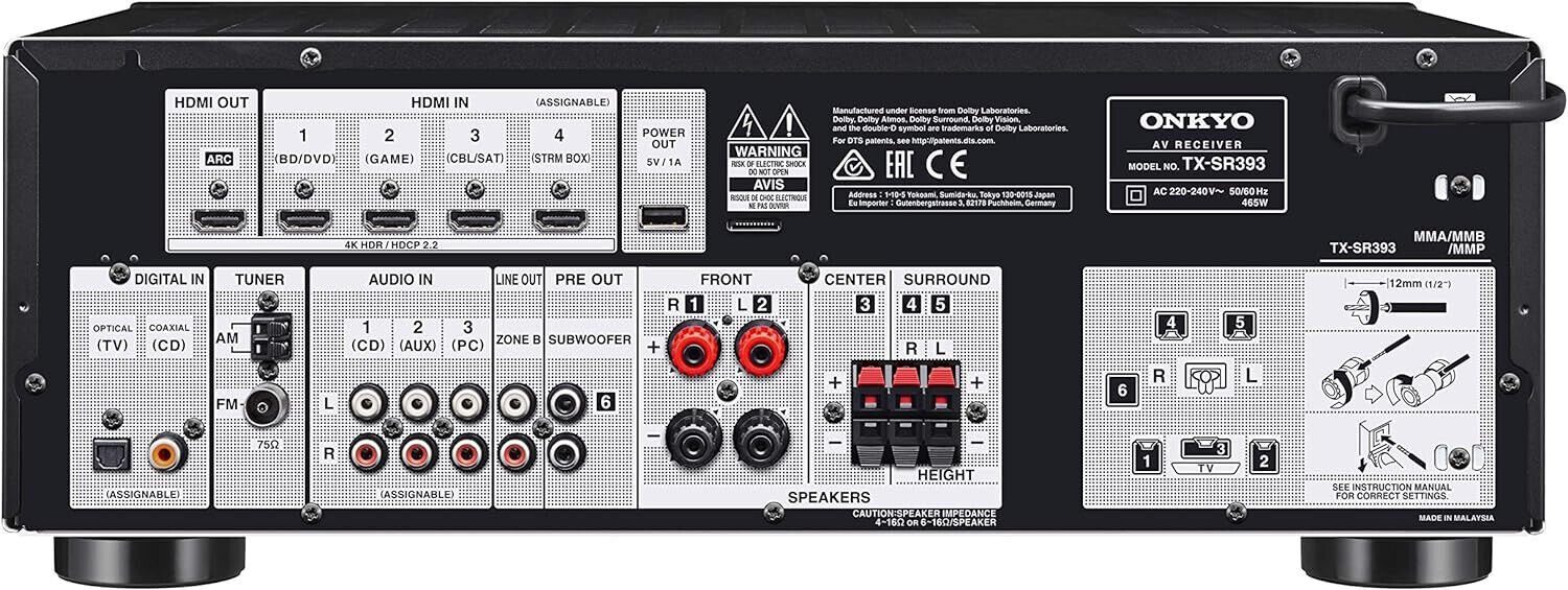 Onkyo TX-SR393 5.2 Ka­nal Atmos 4k60 Bluetooth Dolby Atmos schwarz AV-Receiver