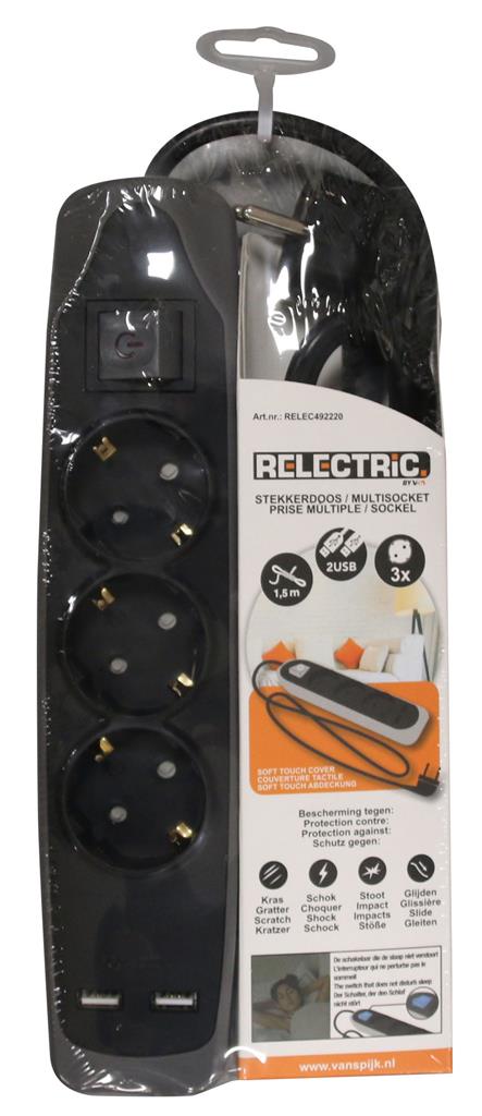 Relectric RELEC492220 elosztó 1,5 m 3 utas 2x USB