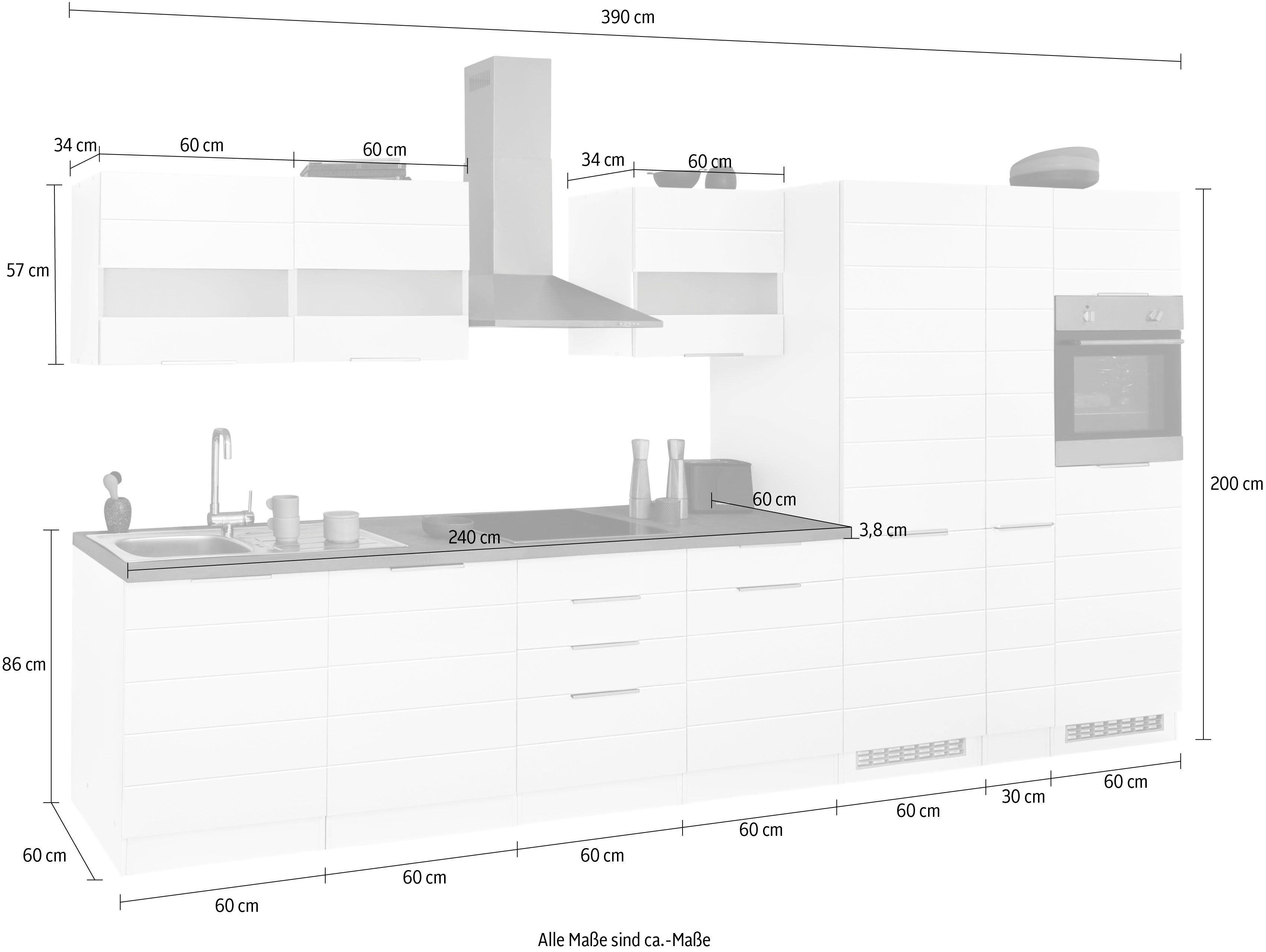 HELD MÖBEL Küche Luhe, 390 cm breit, wahlweise mit oder ohne E-Geräten, gefräste MDF-Fronten