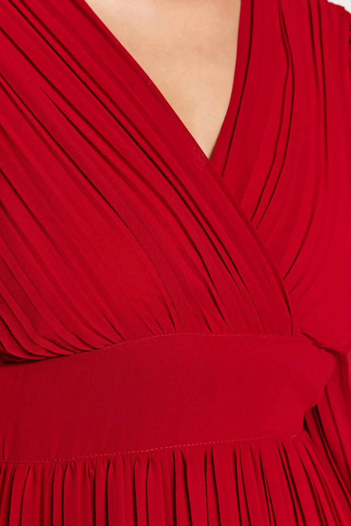 Trendyol Collection  Rotes, plissiertes, gefüttertes Chiffon-Webkleid TWOAW24EL00478