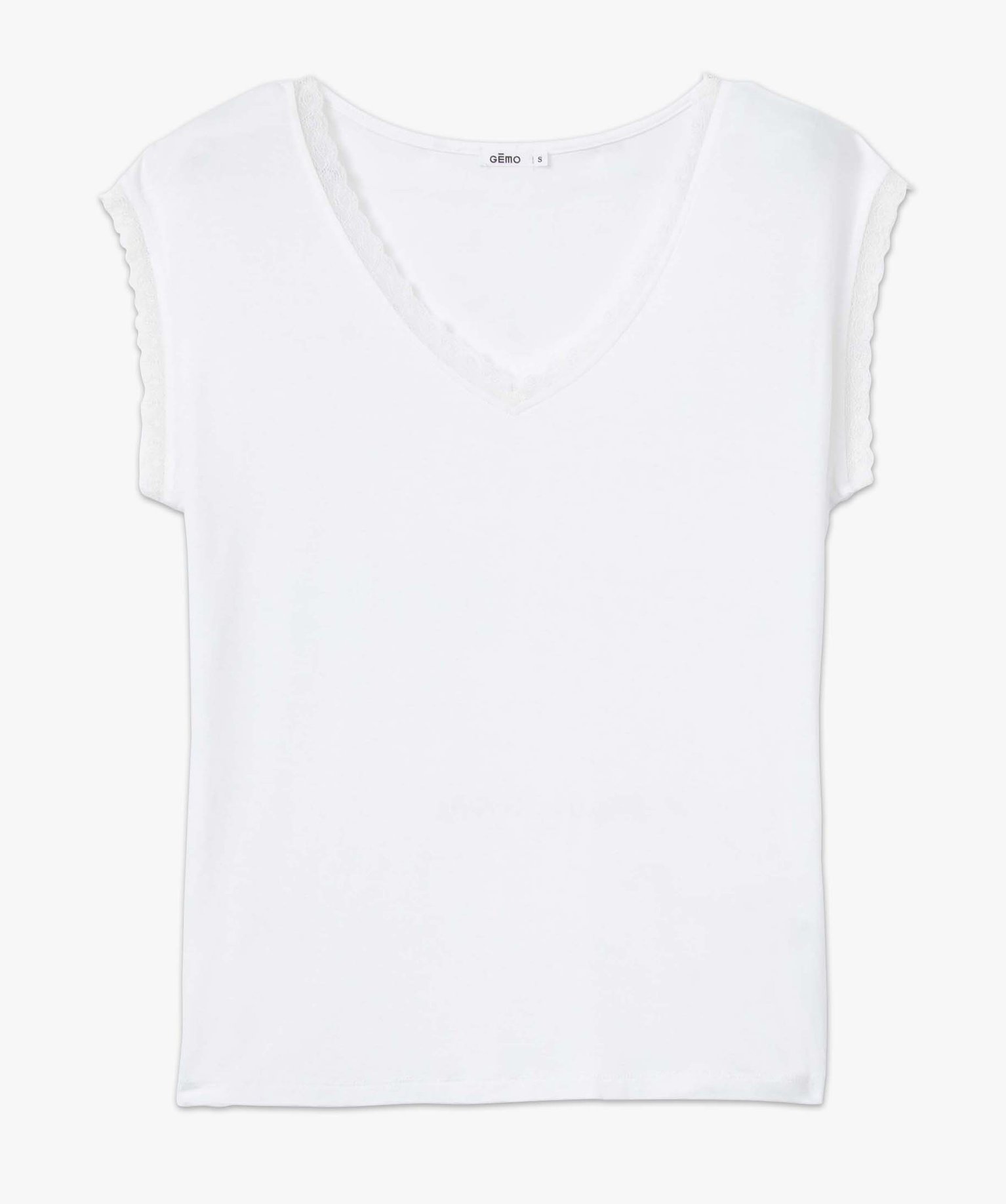 Tee-shirt femme à manches courtes avec col V en dentelle ecru | GEMO