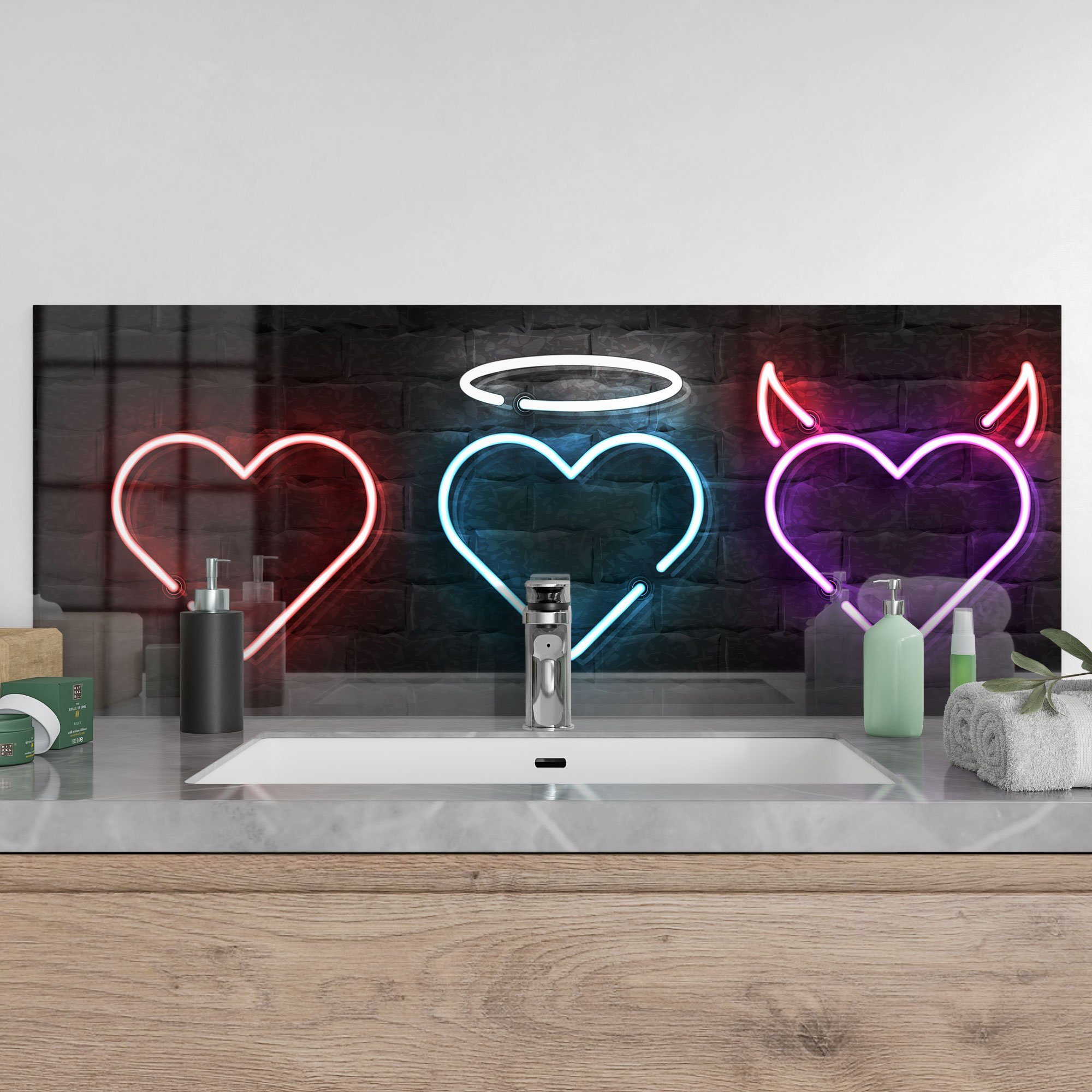 DEQORI Küchenrückwand 'Neonfarbene Herzen', Glas Spritzschutz Badrückwand Herdblende