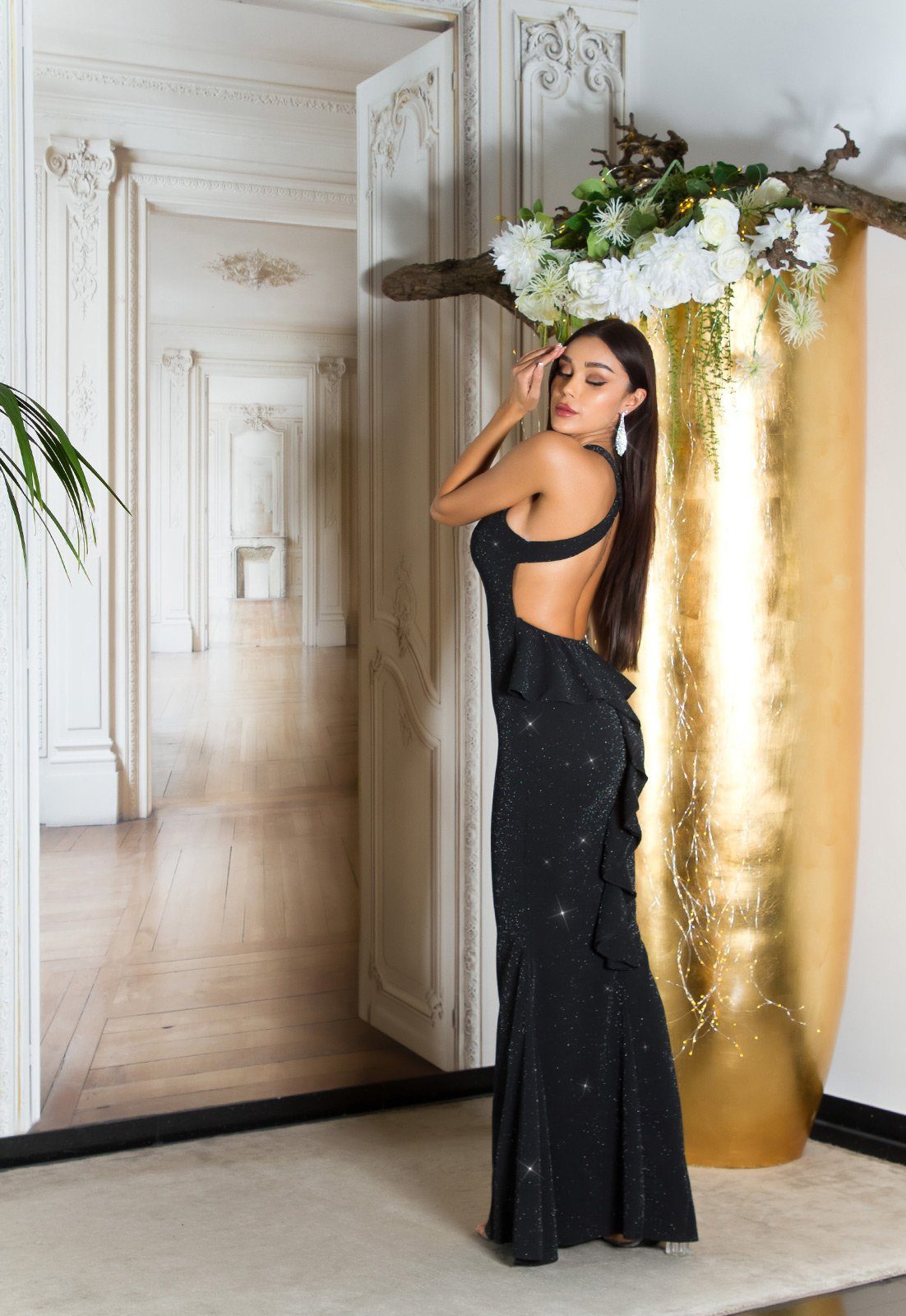 Koucla Abendkleid glitzerndes Maxikleid Partykleid mit Schößchen und offenem Rücken