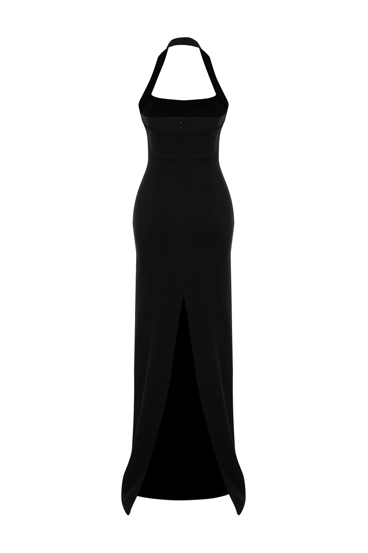 Trendyol Collection  Schwarzes, figurbetontes, gewebtes langes Abendkleid mit Degaje-Kragen TPRSS24AE00083
