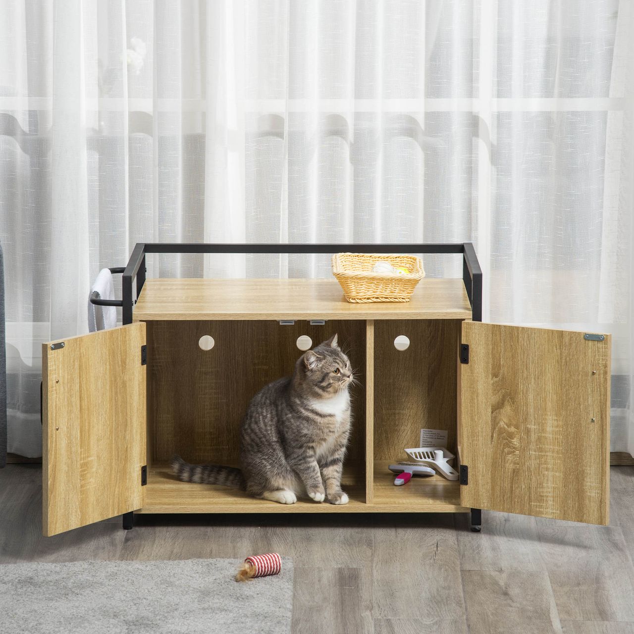 PawHut Katzenschrank für Katzentoilette Katzenklo Beistelltisch Katzenhaus Katzenkommode Schrank Spanplatte Naturholz 82,3 x 51 x 54 cm