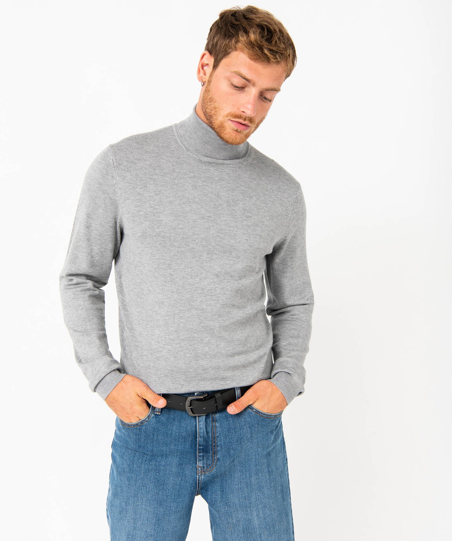 Pull à col roulé en maille fine homme gris | GEMO