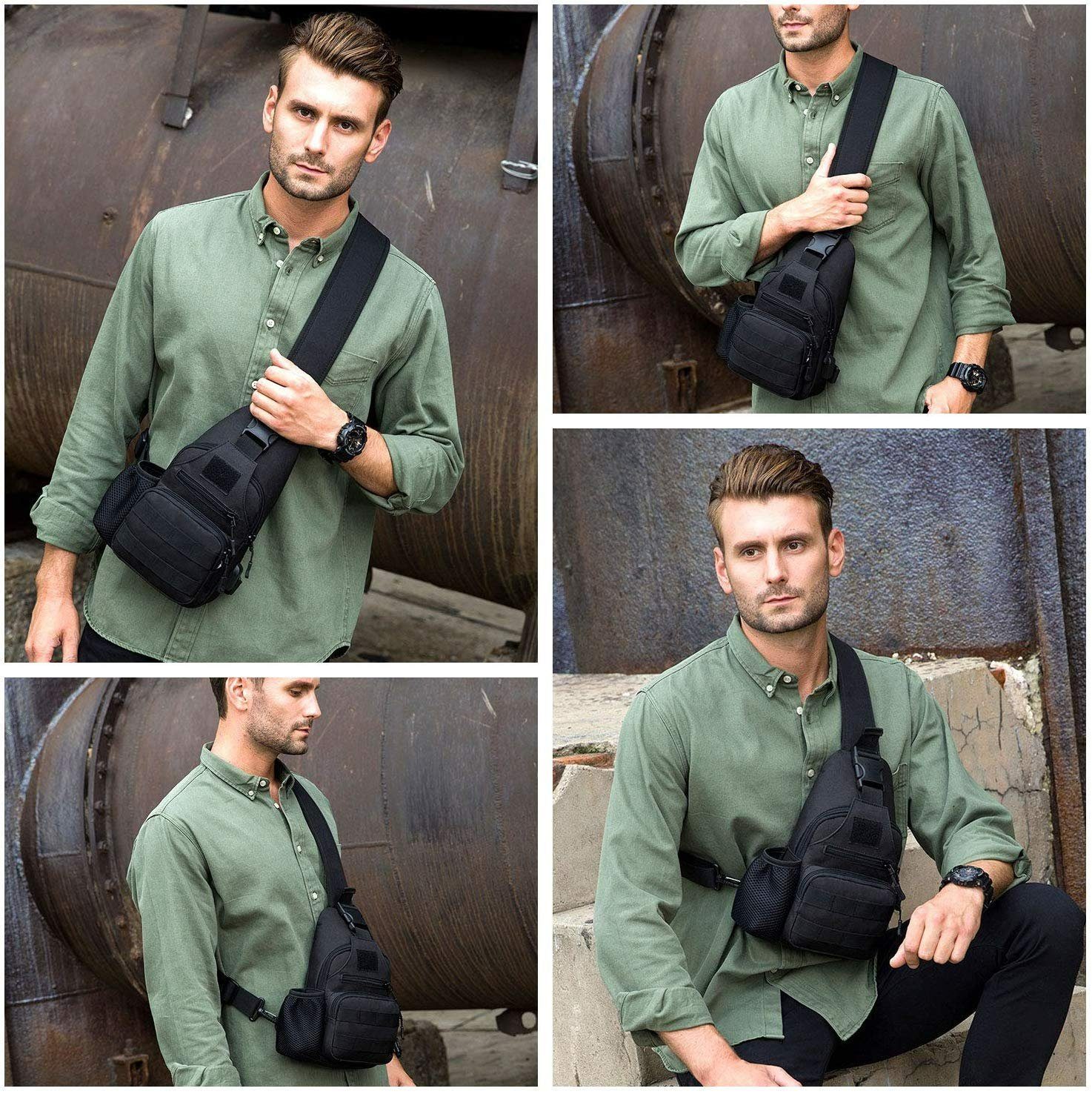 TAN.TOMI Schultertasche Taktisch Brusttasche Military Schultertasche mit Wasserflasche Halter Chest Sling Pack Molle Armee Crossbody Bag Militärisch Umhängetasche Mini Single Strap Rucksack für Reisen Wandern Camping