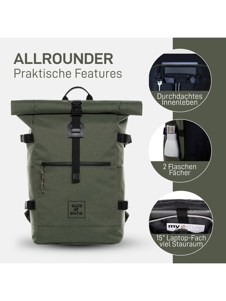 SONS OF ALOHA Rucksack XL RollTop Rucksack KANE erweiterbar| Laptop-Fach groß in grün günstig kaufen onesize